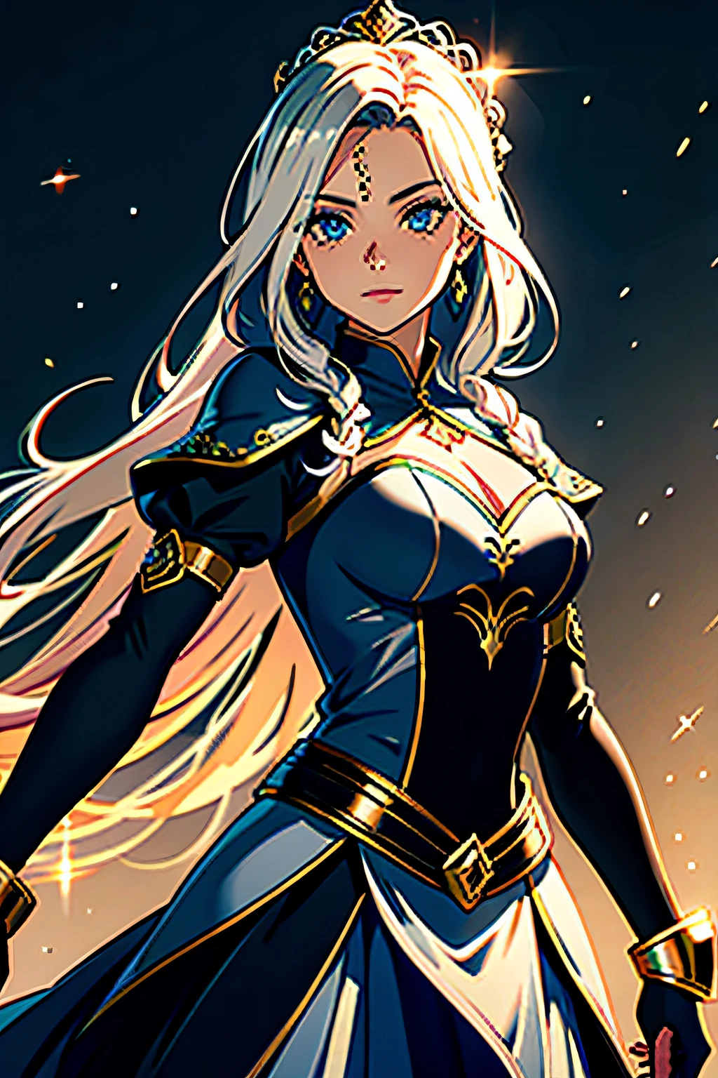 uma garota, princesa guerreira, armadura leve,cabelo claro, cabelo loiro, usuaria de katana, ornamento de cabelo, cabelo amarrado, ombros nus, melhor qualidade, solo, 1girl, cinematic lighthing, fundo detalhado, belos olhos detalhados, pupilas brilhantes, cabelos brilhosos.