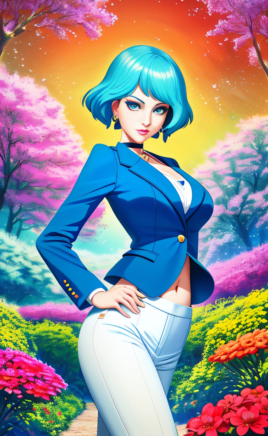 (dreamlikeart style redshift style analog style:1.2),mdjrny-v4 style, studio_ghibli_anime_style style, copeseethemald style,thepit bimbo,glossy sexy bimbo,

1girl, solo,

pantsuit, business suit, elegant suit, three piece suit, white shirt, skirt,
[Emma Stone:Ashley Graham:0.60]
beautiful detailed blue_eyes,
smile,
outside, nature, trees, flowers,
medium shot,
crossed legs,

[(colorful explosion psychedelic paint colors:1.2)::0.20],

cover art, illustration, studio shot, (anime:0.8),

smooth skin,oily skin, subsurface skin scattering, shiny skin, vax, 3d, plastic,
choker, earrings, eyelashes, eyeshadow, lips, lipstick, jewelry, makeup, nose, parted_lips, navel,(delicious:0.7)