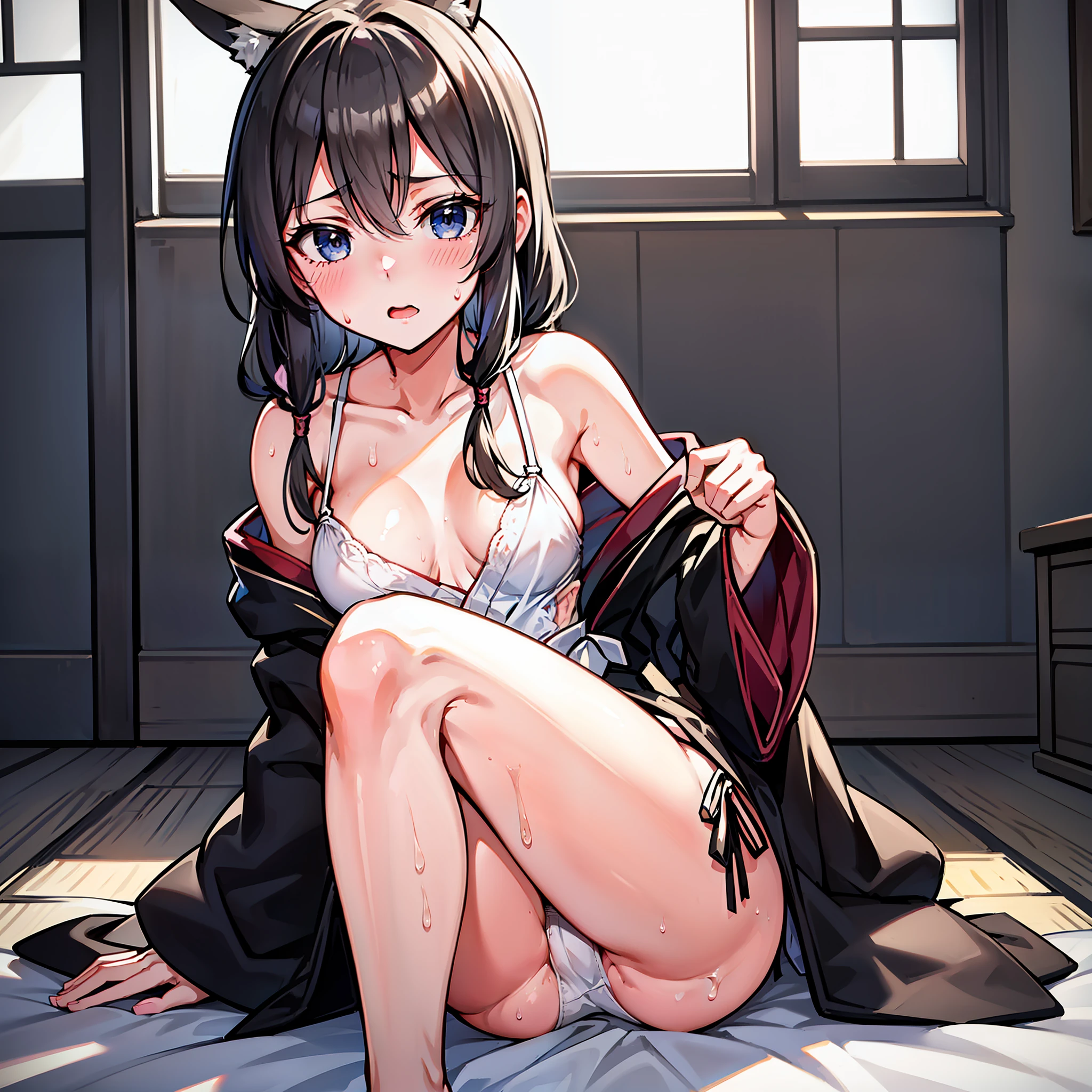 1girl in,masterpiece, top-quality, hight resolution, (Held down)、(Torn clothing)、(Fox-eared maiden)、Zashiki Prison、highleg、(torture)、(Hands behind the head)、((M-shaped legs))、early evening、a 14 year old girl、brown haired、Braided pigtails、bath robe、Kimono、kyoto、花魁、You Guo、Gion、omatsuri、bluntbangs,de pele branca,Show off thin breasts、(Light Side Tie Panties)、white panties、(No pubic hair)、(groin)、red blush、Glaring、Frustrated expression、embarrassed from、(laying on back)、lying back on、Focus on the hips from the bottom、(A lot of sweat)、Hanging、beatiful detailed eyes、perfect anatomia、Balanced head and body、Dress Lift:1.1