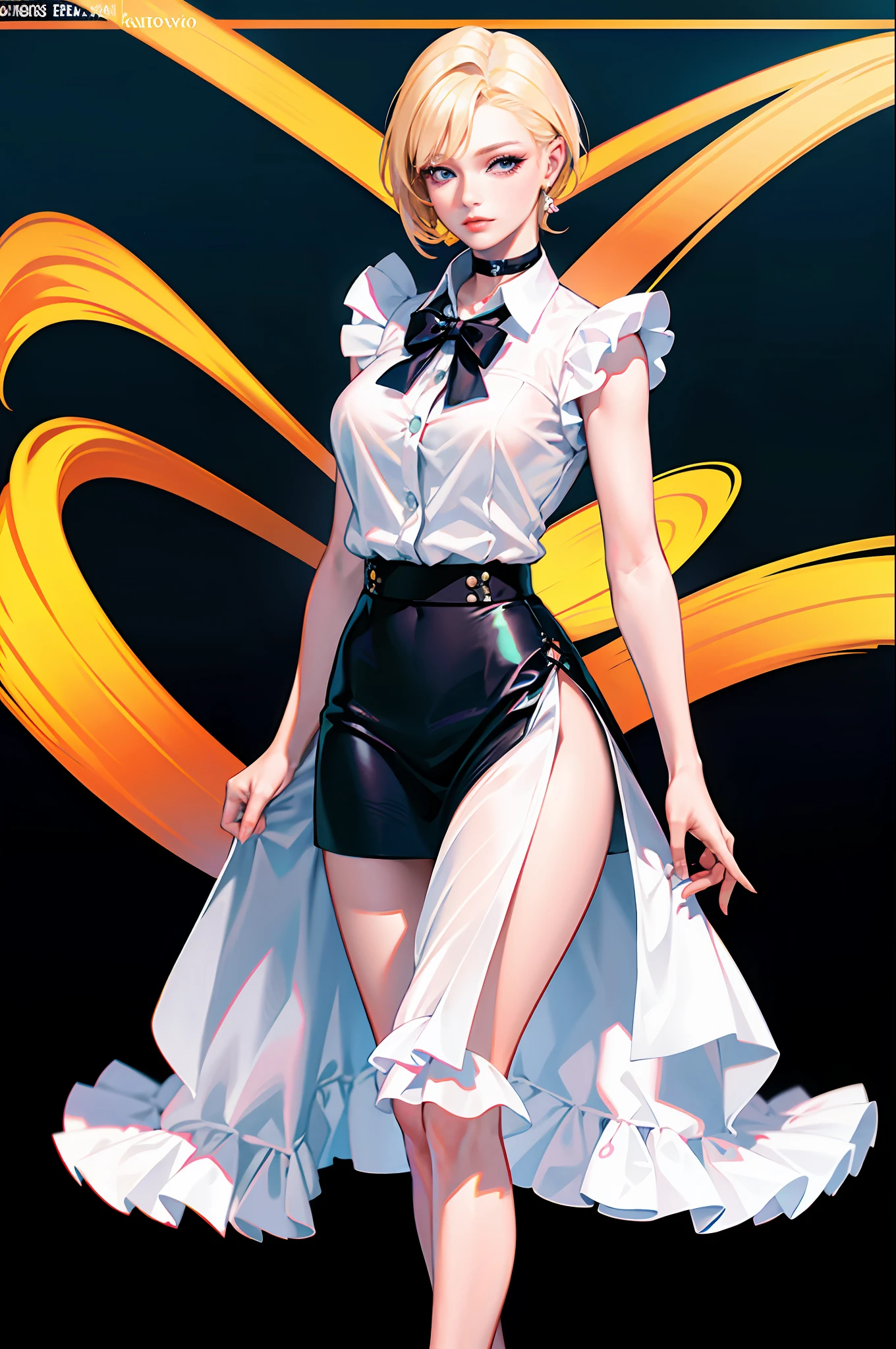 best quality, ultra high res, (photorealistic:1.4), 1woman, sleeveless white button shirt, black skirt, black choker, cute, (Kpop idol), (aegyo sal:1), (platinum blonde hair:1), ((puffy eyes)), looking at viewer, full body, facing front
