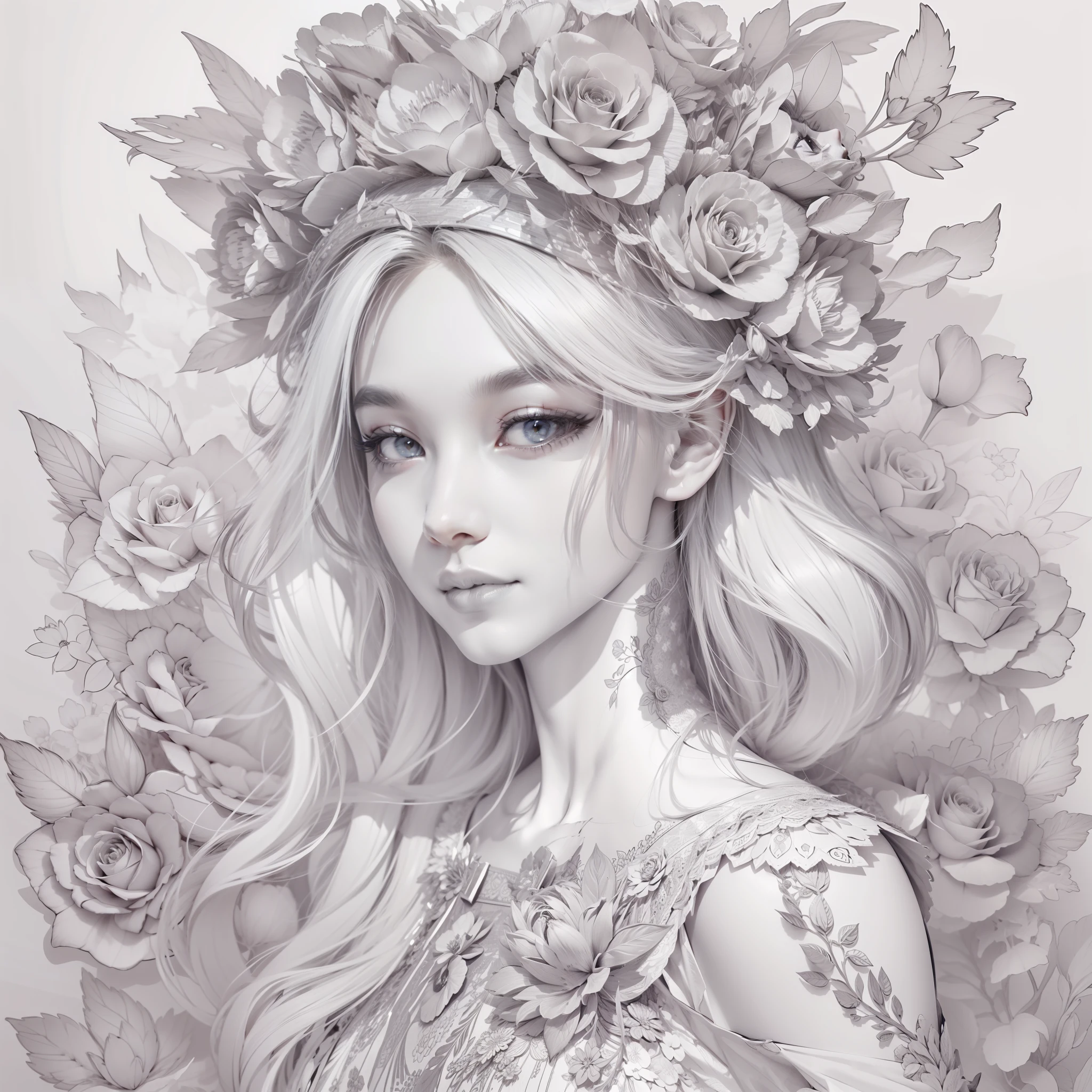 ink drawing art illustration coloring page of princess of American, white hair, wear a princess dress, highly detailed hair, face happiness, clean line art, highly detailed, art station, wearing the flora crown, concept art, sharp focus, illustration, beautiful eyes, free lines, character sheet, 8k, full body length, full body, Rose and flowers background, highly detailed, art station, concept art, sharp focus, illustration, free lines, on paper, character sheet, 32k, Full body
