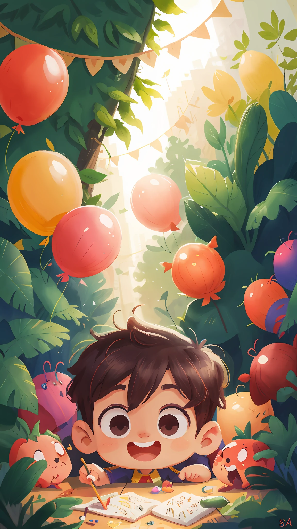 A boy,planties,Many balloons,cheerfulness,rejoice,Perfect quality,Lollipop in hand,Clear focus(Clutter - home:0.8), (tmasterpiece:1.2) (realisticlying:1.2) (bokeh) (best qualtiy) (detailedskin:1.3) (complexdetails) (8K) (detailedeyes) (Sharp focus),(having fun)