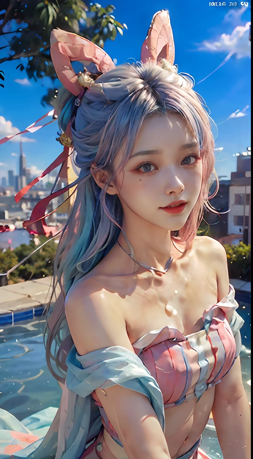 ((bust photo)), ((2 arms)), ((2 legs)), ((bare shoulder)), (seductive), (charming), (beautiful detailed face))), ((messy hair)), ((smile)), (gradient eyes)), ((white cloud background)), ((chest reduction)), ((shorts)), ((high saturation)), ((balloon)), (dynamic angle), ((city), (night), (outdoor), ((outdoor), (( Highly detailed face and skin textures)), ((double eyelids)), ((whitening skin)), ((magazine cover)), (close-up: 1.1), (Bauhaus, shapes, lines, abstraction: 1.1), (iridescent hair, colorful hair, half blue and half pink hair: 1.2), (bright smile), dreamland, skyscraper, (tree of life), whirlpool, magic array, soap bubbles, floating in the sky, bright, happy, funny, soft lighting, mean,