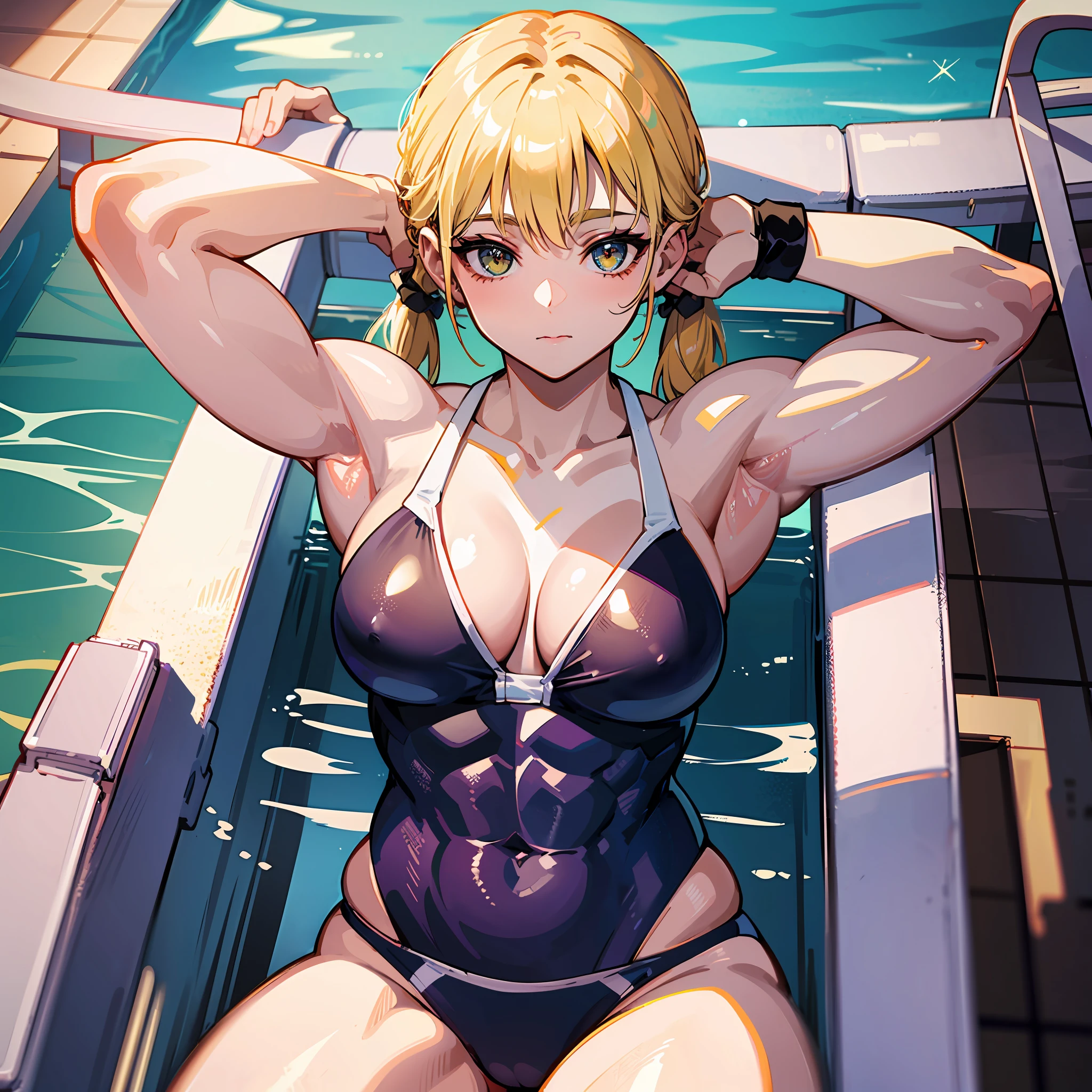 ((masterpiece))、((Top image quality))、((top-quality))、(((Illustration of one woman)))、(((Muscle Girl)))、full body Esbian、((30-years old))、((neuter))、((Blonde twintails))、Light golden eyes、((Long body))、(((Muscular and strong body)))、((Split abs))、(((muscular and thick arms)))、(((muscular and thick legs)))、((manspreading))、((Sports Swimwear))、Sitting on a deck chair、in poolside