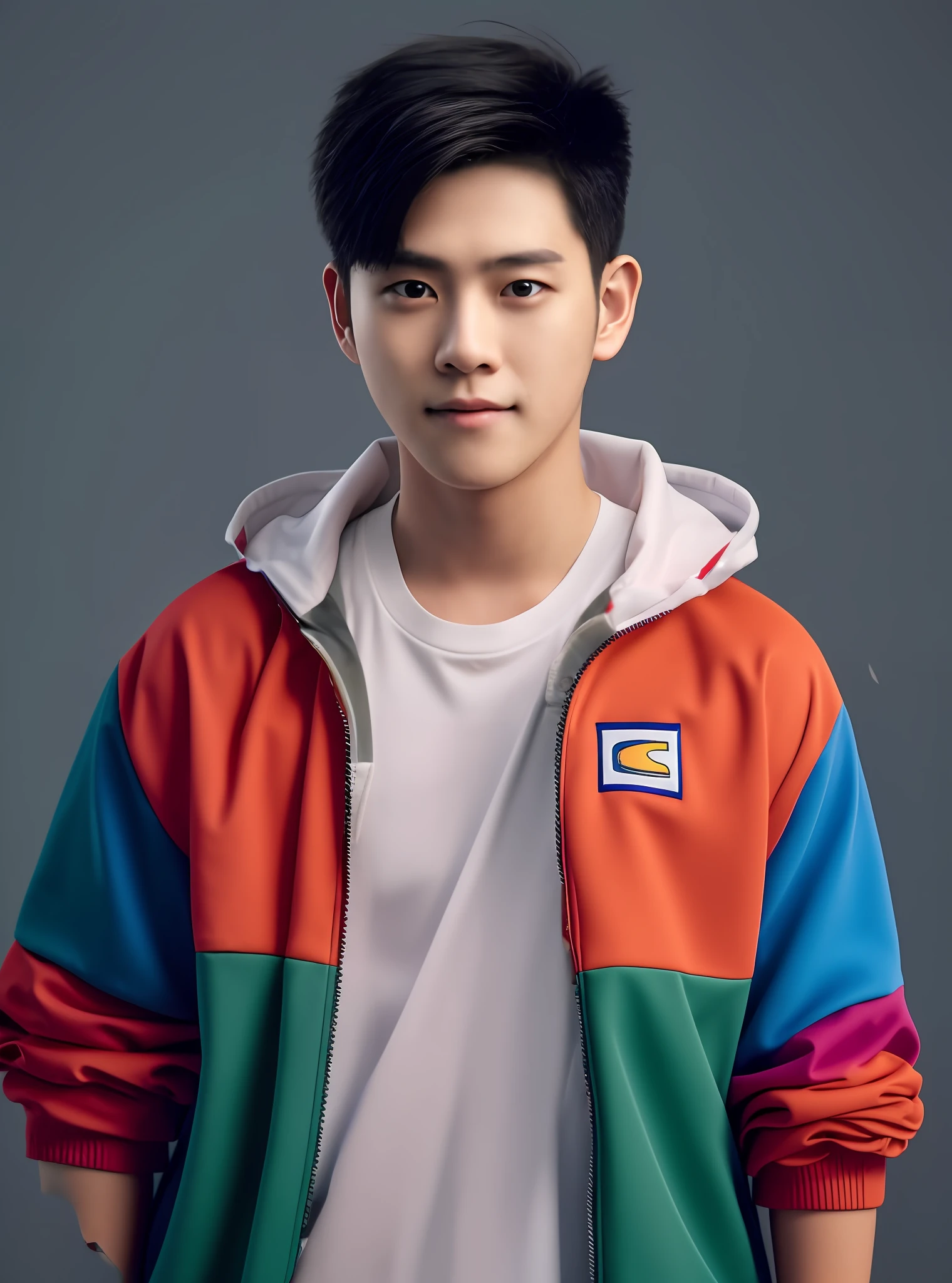 1boys,ID photo,The upper part of the body,Colorful school uniforms,closeup cleavage,solid color backdrop,Slightly sideways(8K,RAW photos,Best picture quality,tmasterpiece:1.2),(Fidelity,Realism:1.37)