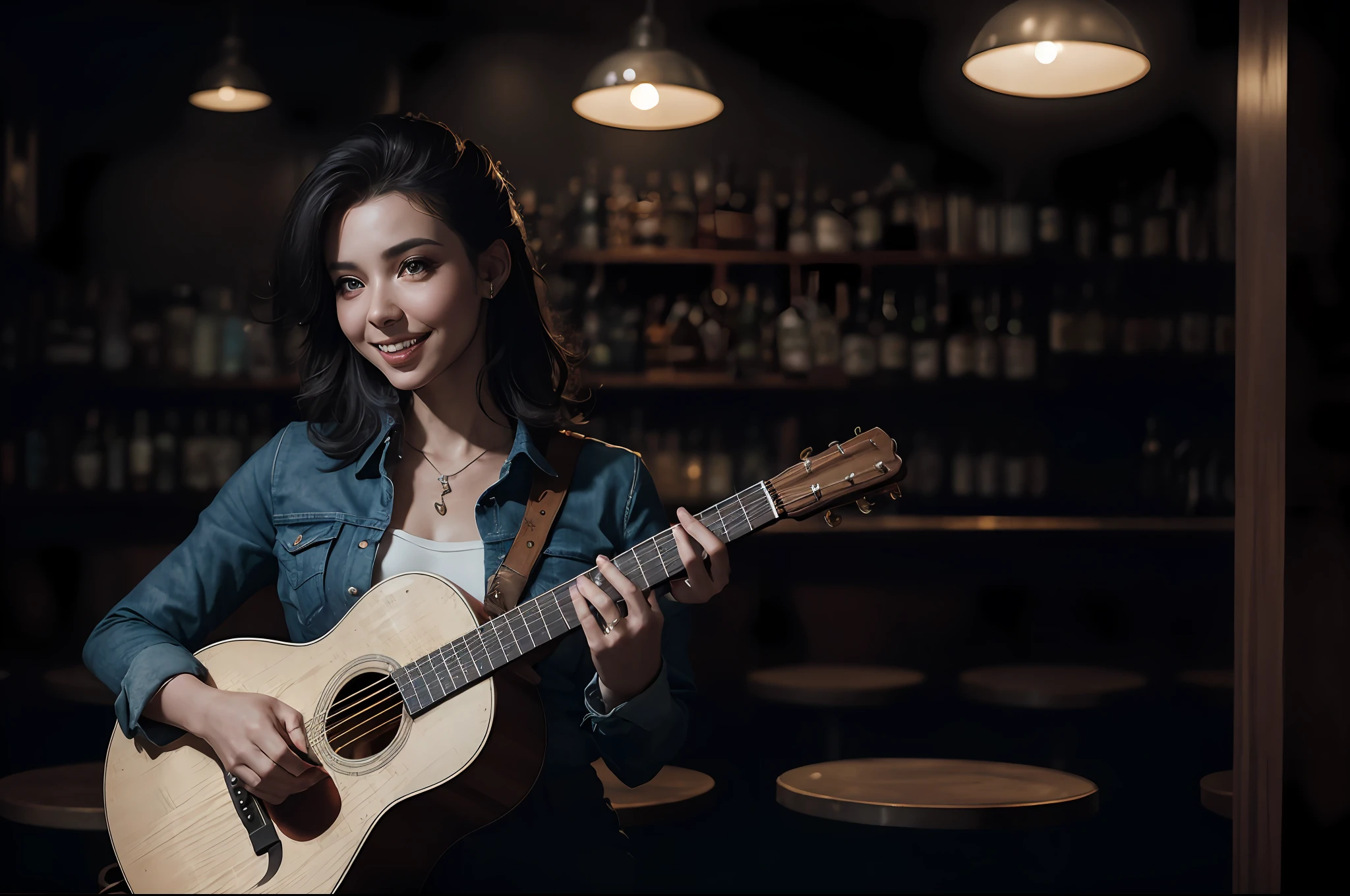 cinematic portrait photo of a woman in a bar playing a spanish guitar, traditional beauty, light smile, mischievous happy face, laughing, masterful composition!!!, concept photography, spanish style, gypsy, traditional, , she is playing a spanish guitar, traditional photography, highly detailed vfx portrait, taken with a full frame camera with a wild lens, depth of field, cinematic lighting, glow, optical illusion, textured skin, UHD