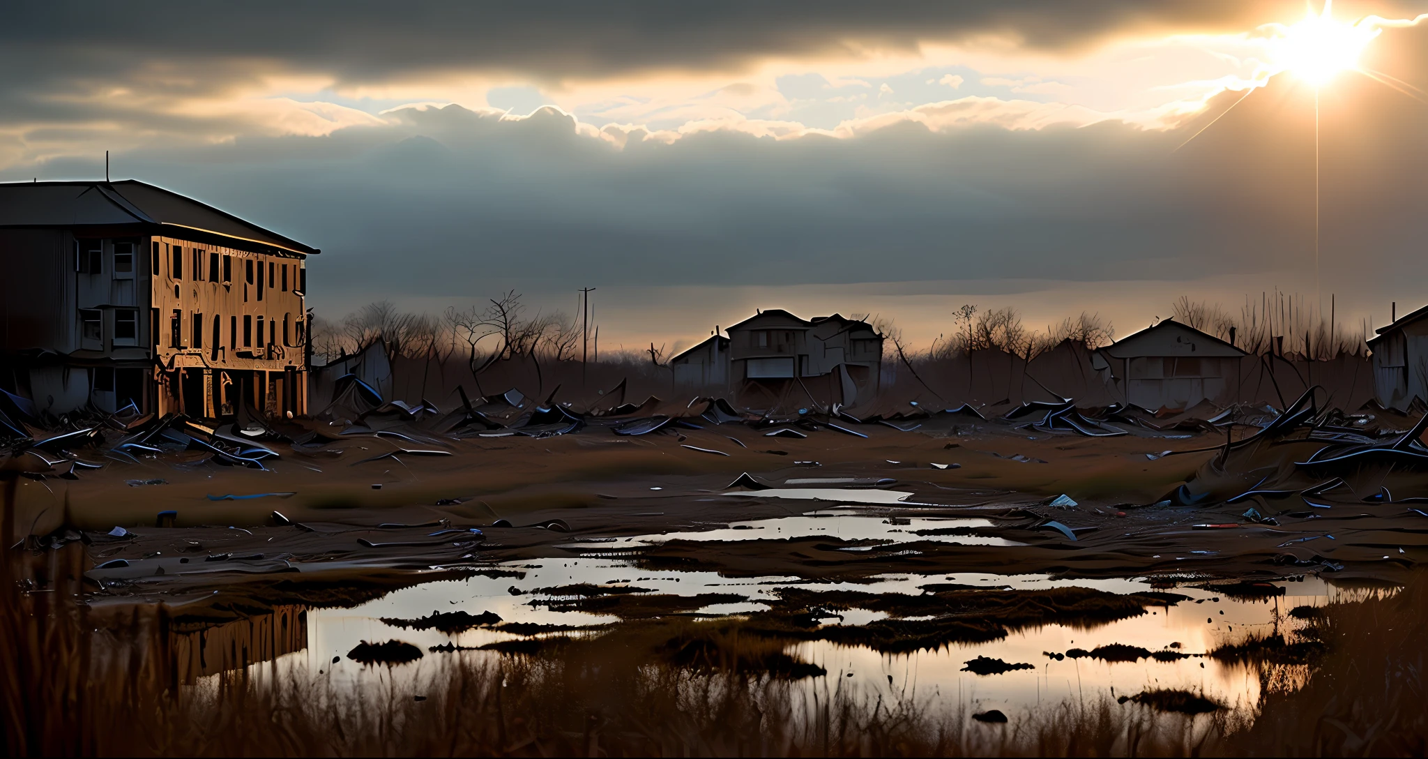 ((best quality)), ((masterpiece)), ((inked)), majestic intricately detailed soft oil painting by jim lee, (landscape shote of a post apocalyptic ruined rainy city:1.2),dusty crumbling rubble, desolate, scorching sun, sun set, somber, (backlit:1.3), highres, depth of field, (deep shadows:1.2), high detail, sharp focus, smooth, roughness, real life, backlit, photorealism, photography, cinematic Film still from the void|the walking dead, with zombies
