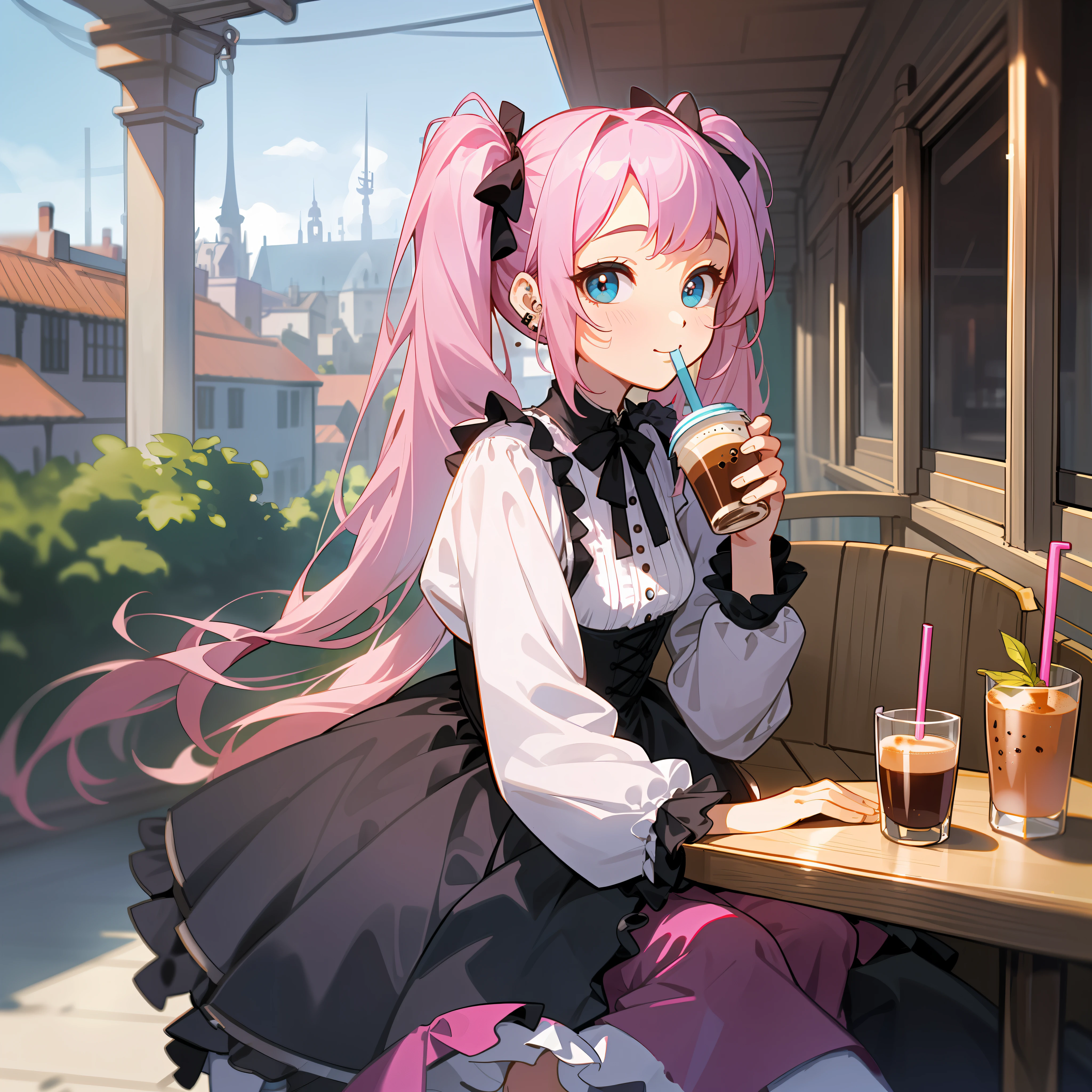 Masterpiece, hyper quality, Hyper Detailed, Perfect drawing,Hi-Res、1girll,ssmile、Loose and fluffy hair、(((drills twintails)))、A pink-haired、Big eyes with double eyelids、lofty nose、blusher(0.2)、small mouth、ear piercings、(((ta Fashion)))、Clothes with lots of lace and frills、Dresses in pastel colors、White or pink clothes、Premium Services、Luxury underwear、a miniskirt,knee high socks(:1.5),(garterbelts)、(((cafeteria)))、open terrace、((Terrace seating))、(((Sit on a chair and drink coffee)))、Put your left hand on the saucer、Hold the coffee cup in your right hand、blue-sky、Summer colors、Sunlight、Walking trail、Street Trees、Shooting from diagonally below, portlate、beatiful backgrounds, meticulous drawing, Accurate drawing、Perfect illustration、Perfect Beautiful Girl、high-class sense、