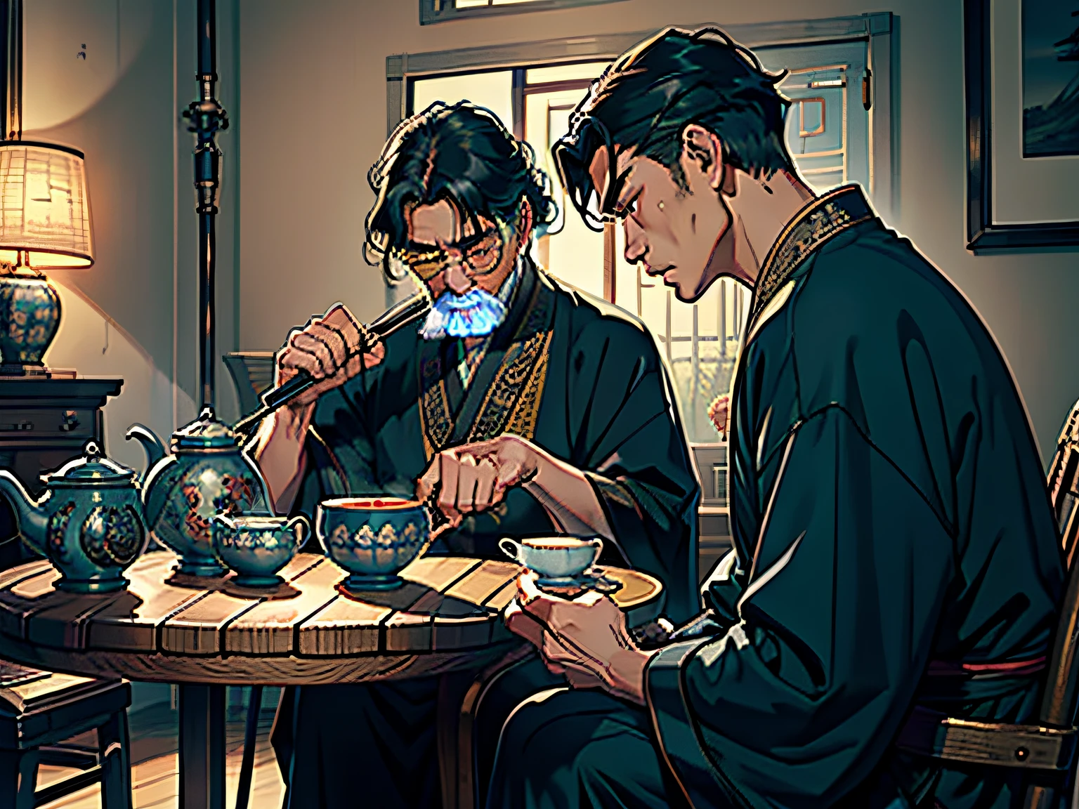Camera lens: Close up
Background: A quaint living room with an old-fashioned teapot and several teacups on the table.
Characters wear: Grandpa wears an ancient Taoist robe and carries a crutch.
Character action: Grandpa looks at a handsome black-haired boy seriously, and the crutch in his hand gently taps the ground.
Detailed description: Grandpa's face is solemn, revealing his jealousy of the five immortals. He warned a handsome black-haired boy in a heavy tone that he was not allowed to touch the five immortals, but did not explain the reason in detail.