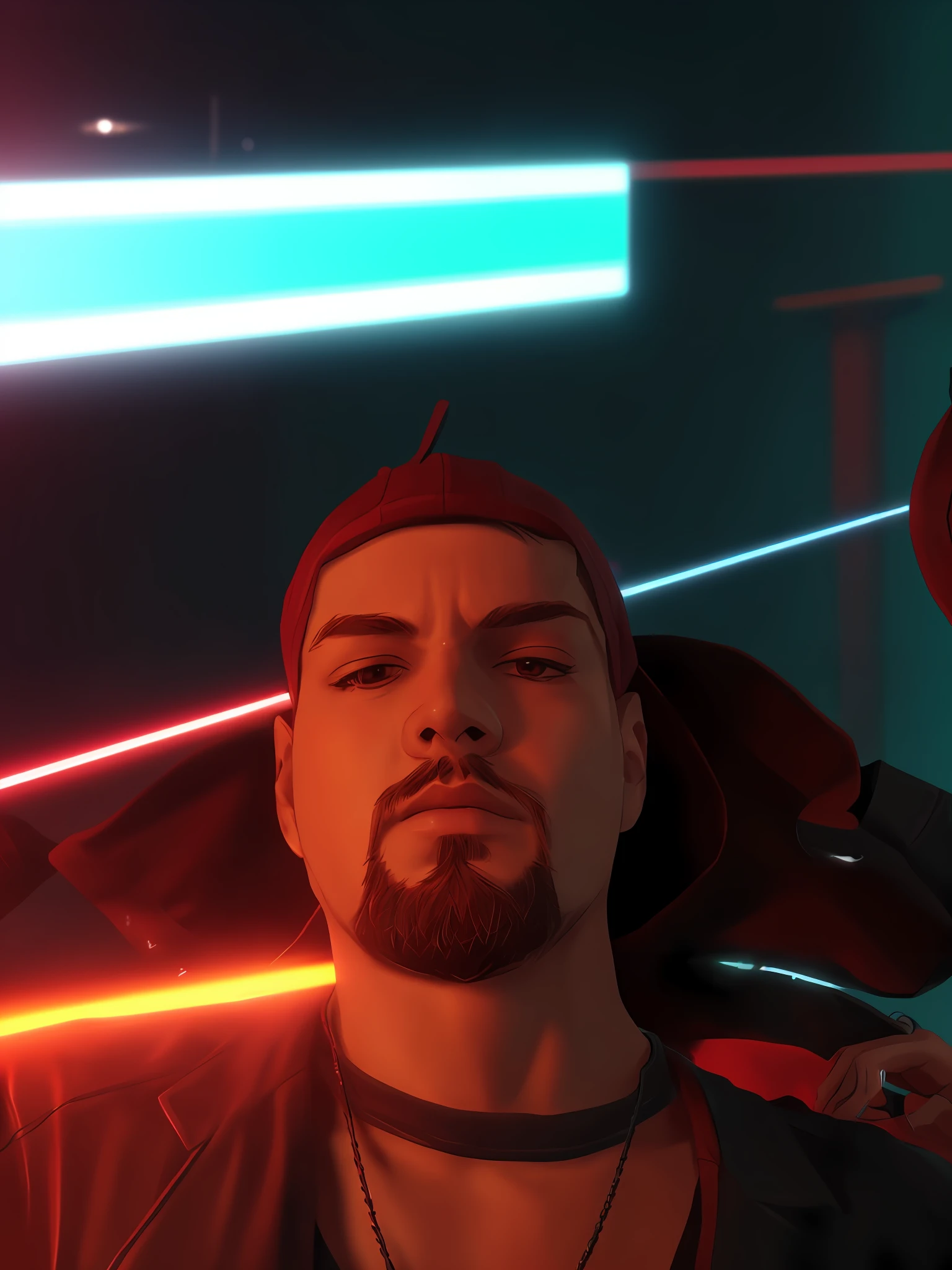 There's a man in a gaming room with a necklace, a cap behind, imagem frontal, cyberpunk, anime, realistic animation style