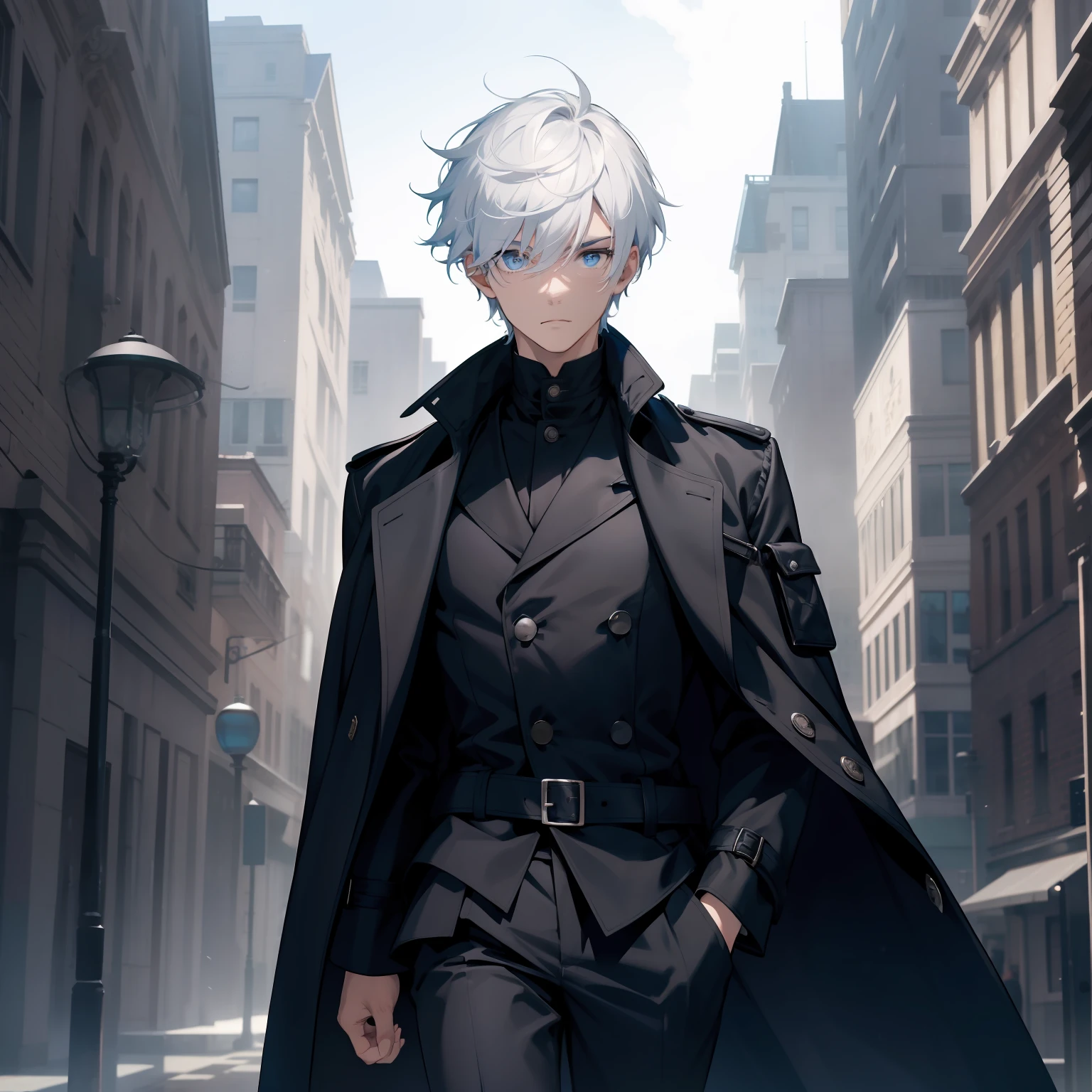 A boy,Blue pupil,a black trench coat,Wear short white sleeves underneath,Short white hair over the eyebrows,Tall and tall,Hair with well-defined lines,Daytime background