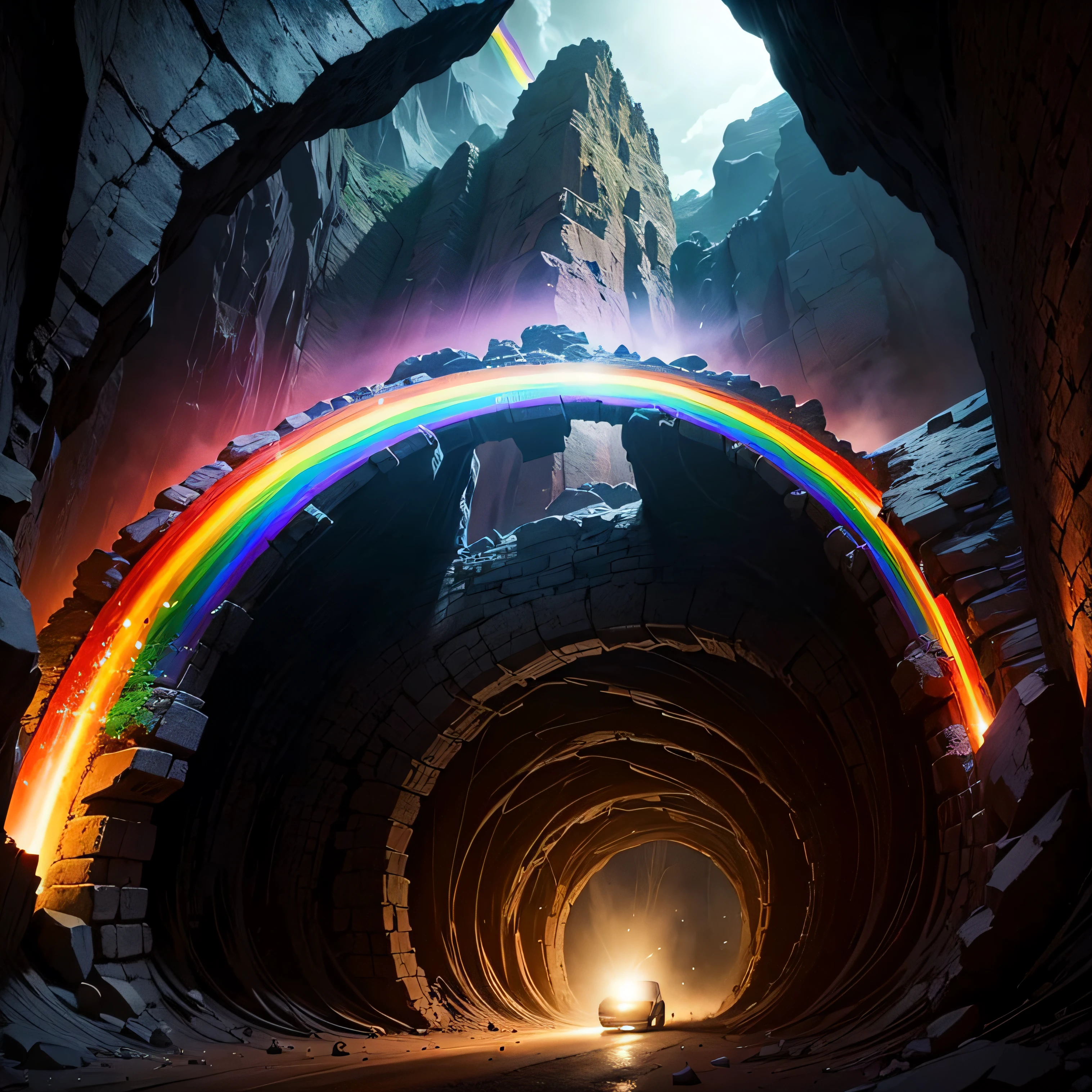 a rainbow in the dark going through a cave --auto