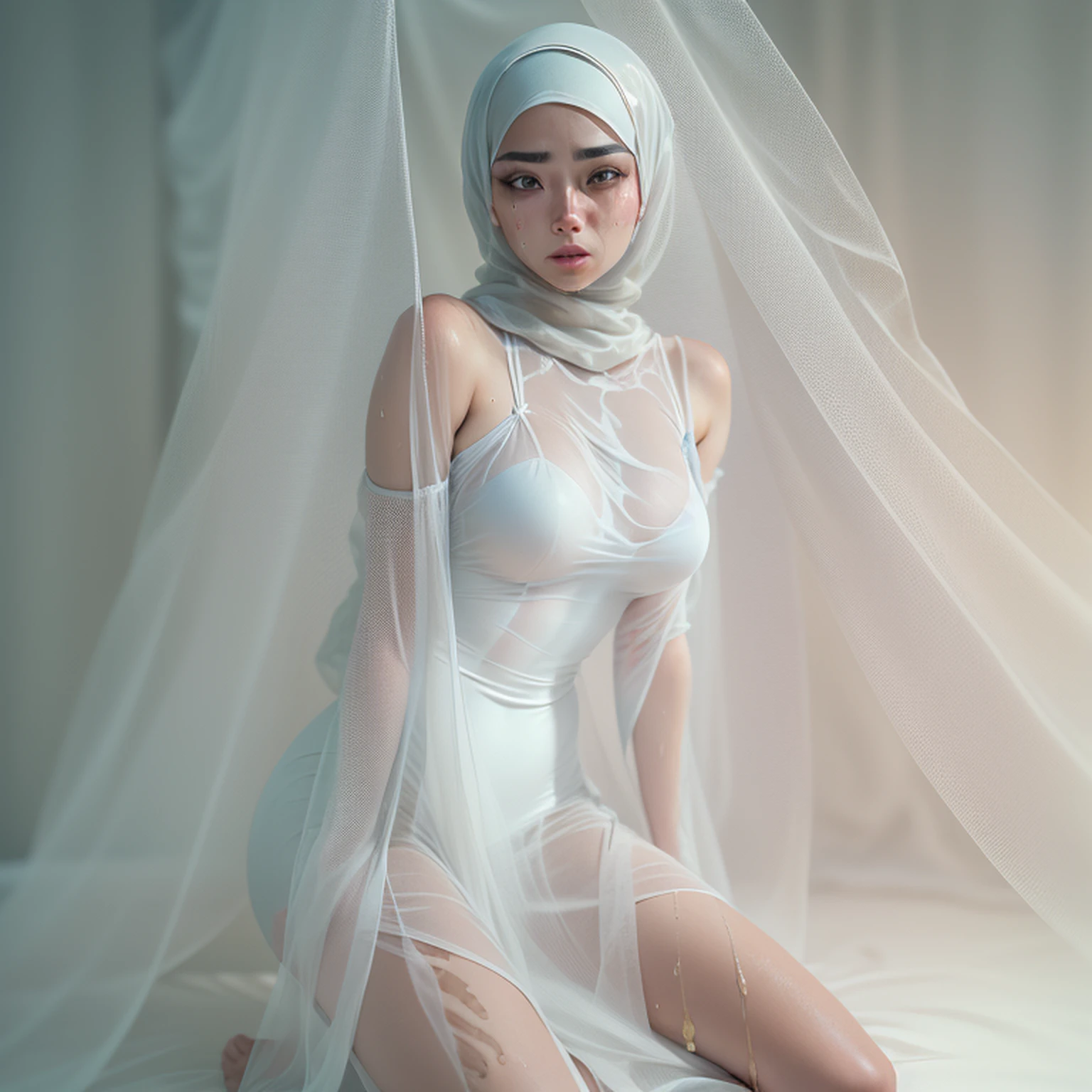 (Best Quality), ((Masterpiece), 3D, A rare beauty, a very beautiful and attractive 17 years old asian girl wearing hijab, perfect proportions, fit and athletic body, her eyes detailed and beautiful, 1girl, double eyelid, HDR (High Dynamic Range), perfect proportions, perfect anatomy, 8K RAW, full body, masterpiece, ultra high quality, ultra high resolution, photorealistic, very nice shot full body photo, perfect proportions of both body and face, perfect proportions and positions, perfect human hands, all she has to cover her whole body is a wet extremely thin sheer translucent tulle, there is nothing else on her that she wears, wearing nothing besides the tulle vovering her, sheer, translucent, see-thru, seethru, wet, damp, nothing but a tulle is covering her whole body, she is braless, (All made of white tulle: 1.5), ((Full body soaked: 1.8)), lifting the covering tulle, opening her dress, revealing, exposing, exhibiting her body and private parts