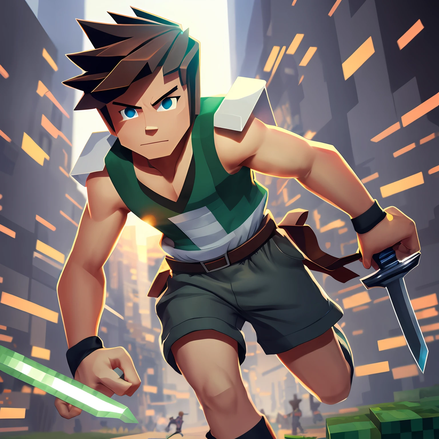 Minecraft boy running with a sword in his right hand, olhando para o centro da tela,  sleepy, Futurism, Luminism, backlighting, lens flare, super detail, ccurate, best quality