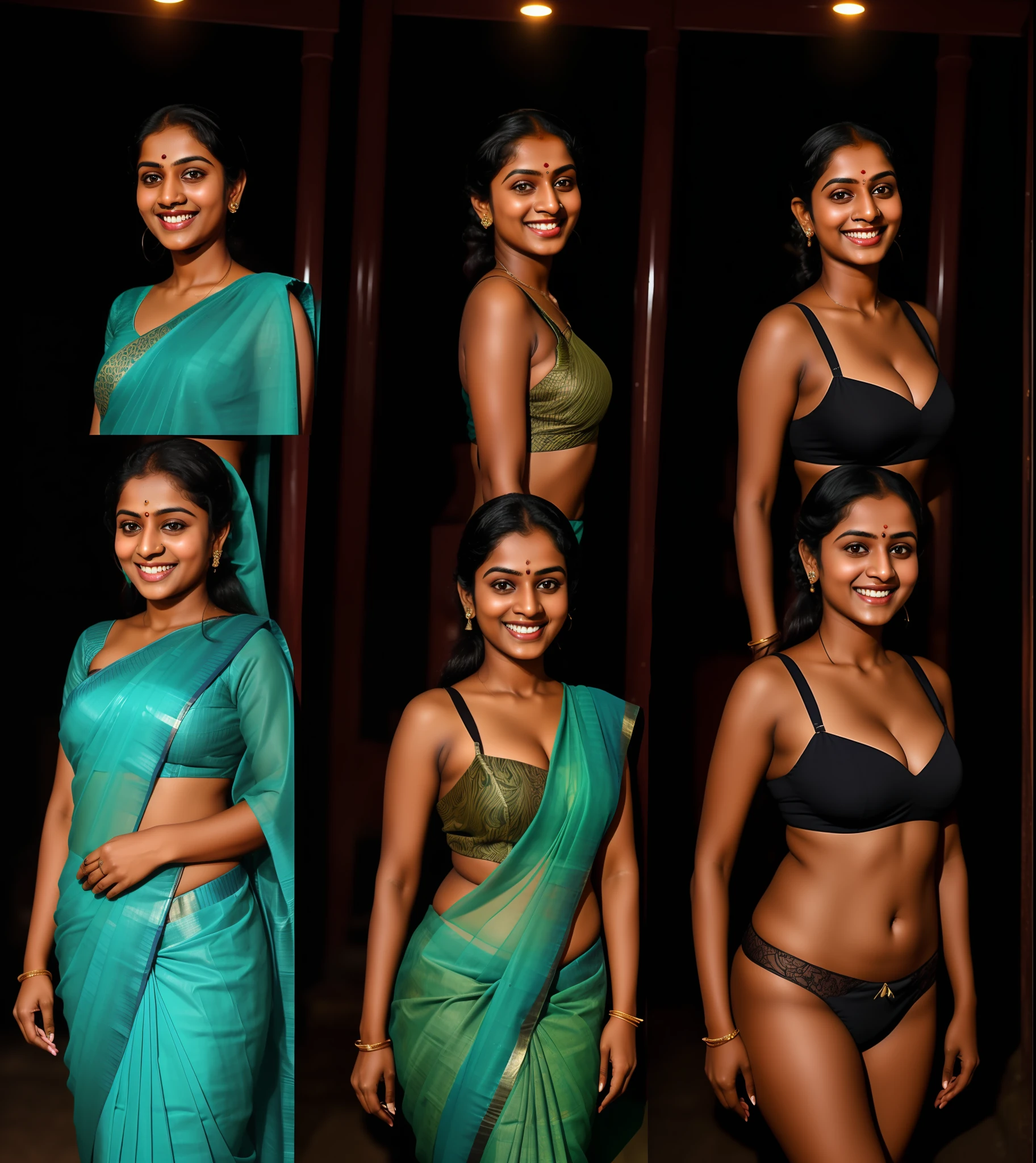 (Split screen),A Kerala woman wearing a saree, multiple (photographs of different angles:1.3), (photorealistic:1.2), bright lighting, outdoors,(dark skin:1.2), (busty, curvy:1.0), (anatomically correct:1.2), (head to toe in frame:1.3), (smiling:1.3), face visible in all photos