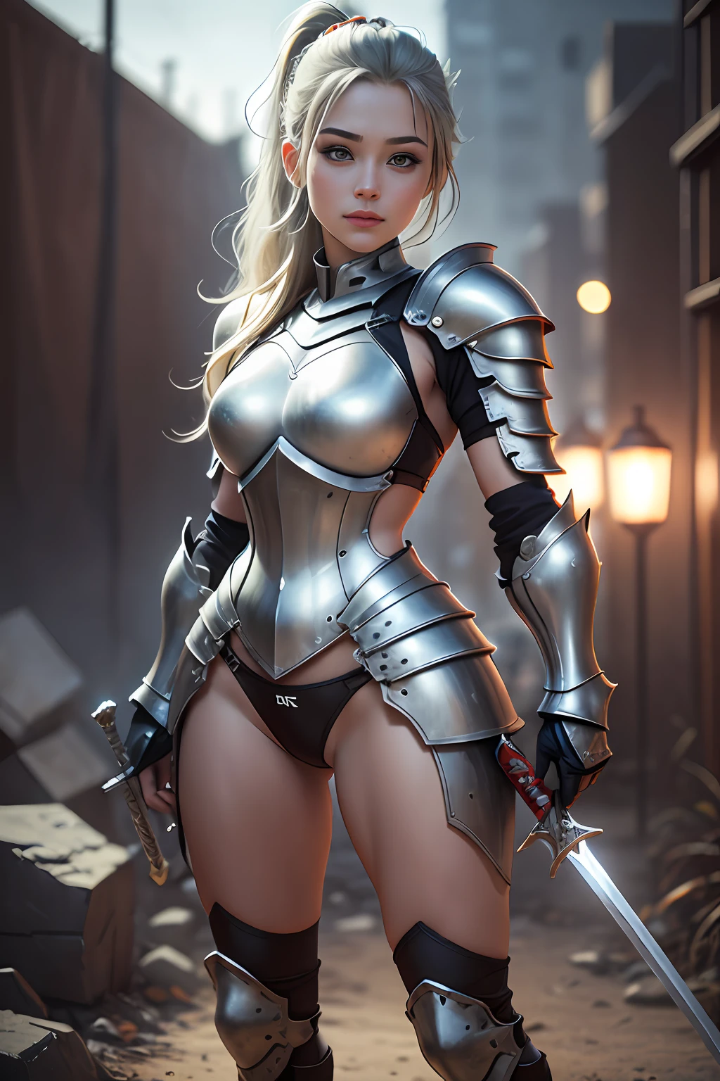(((1girl, Solo))), ((beautifull face)) realistic face , 20 years old, long hair, (blonde),holding a sword, (Great Sword 1.5), standing, (Full Body: 1.5), girl in knight armor, of a beautiful knight, beautiful knight, girl in armor, ponytail, tall fitness body, power armor, blue hair, (metal armor t-string thong 1.5), metal small bra armor, camell toe, tight clothes, in destroyed camp, Outdoors, Soft, ambient, beautiful lighting, gloomy, epic, photography, (Realism: 0.7), bokeh, photo, 8k uhd, dslr, soft lighting, high quality, realism, masterpiece, realistic, digital photography, photoshop, dynamic lighting, raytracing, high definition, 4K, 8K, 64K