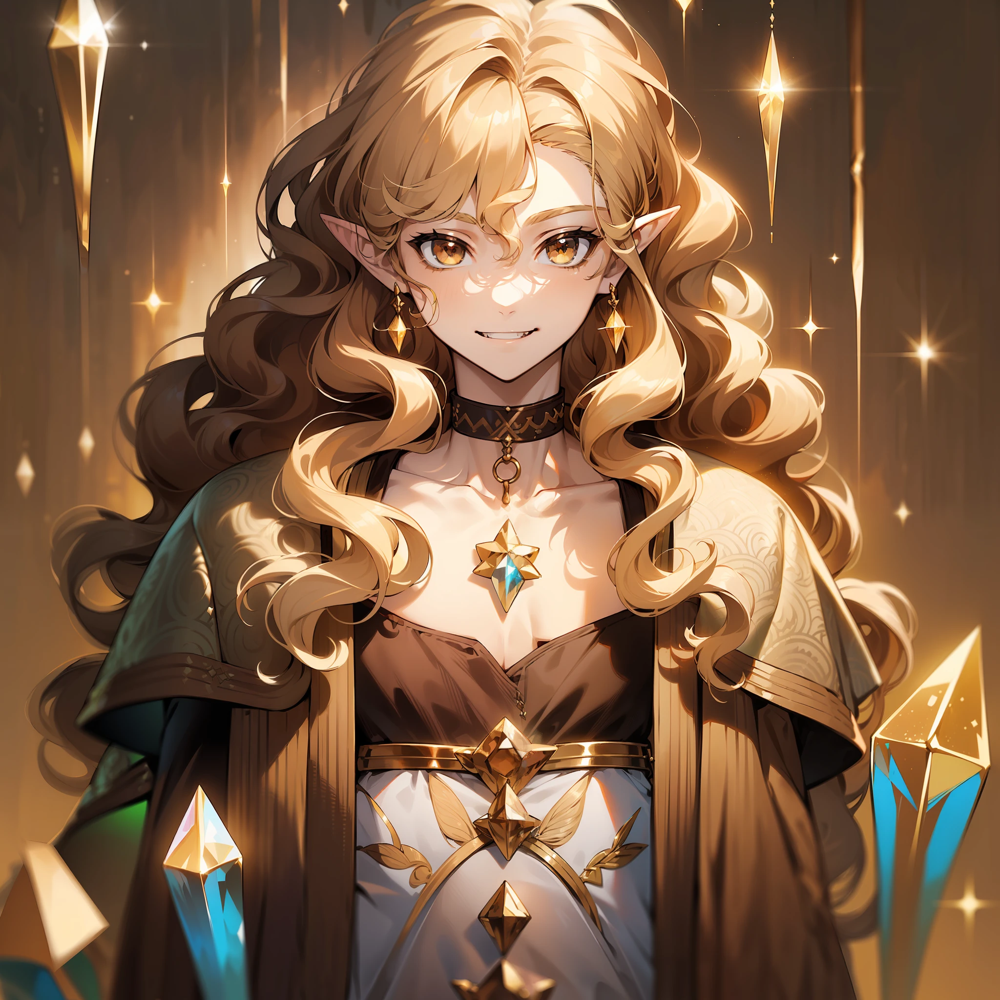 ((young man)), (((one person))), (((single))), (((solo))), (slim body), (((flat chest))), ((pale skin)), (((light blonde hair))), ((pointy ears)), (((very poofy hair))), ((very fluffy hair)), (((wavy hair))), (((very long hair))), ((full hair)), (((dark brown colored eyes))), (((dark brown eyes))), cute face, ((fantasy style)), (((brown choker))), (brown colored choker), (((male))), guy, boy, (((wearing fantasy style clothes))), (((patterns on the clothes))), magic, (((brown colored clothes))), (((brown clothes))), embroidery on clothes, ((white crystal gemstone on the choker)), long fangs, smiling