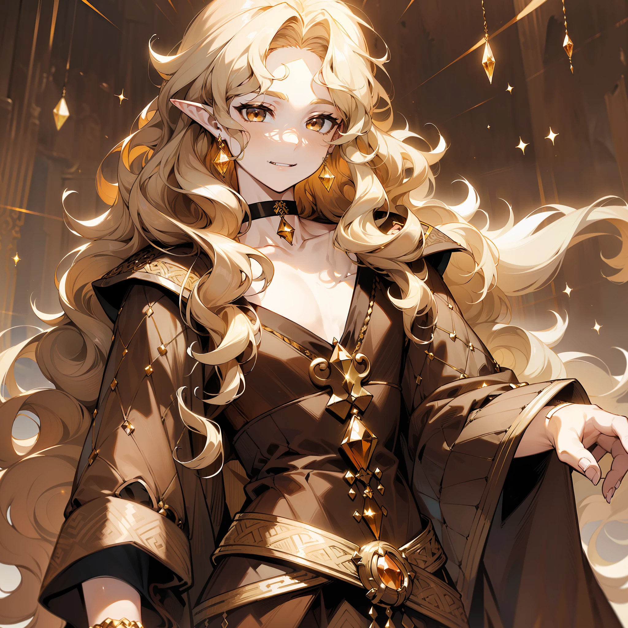 ((young man)), (((one person))), (((single))), (((solo))), (slim body), (((flat chest))), ((pale skin)), (((light blonde hair))), ((pointy ears)), (((very poofy hair))), ((very fluffy hair)), (((wavy hair))), (((very long hair))), ((full hair)), (((dark brown colored eyes))), (((dark brown eyes))), cute face, ((fantasy style)), (((brown choker))), (brown colored choker), (((male))), guy, boy, (((wearing fantasy style clothes))), (((patterns on the clothes))), magic, (((brown colored clothes))), (((brown clothes))), embroidery on clothes, ((white crystal gemstone on the choker)), long fangs, smiling