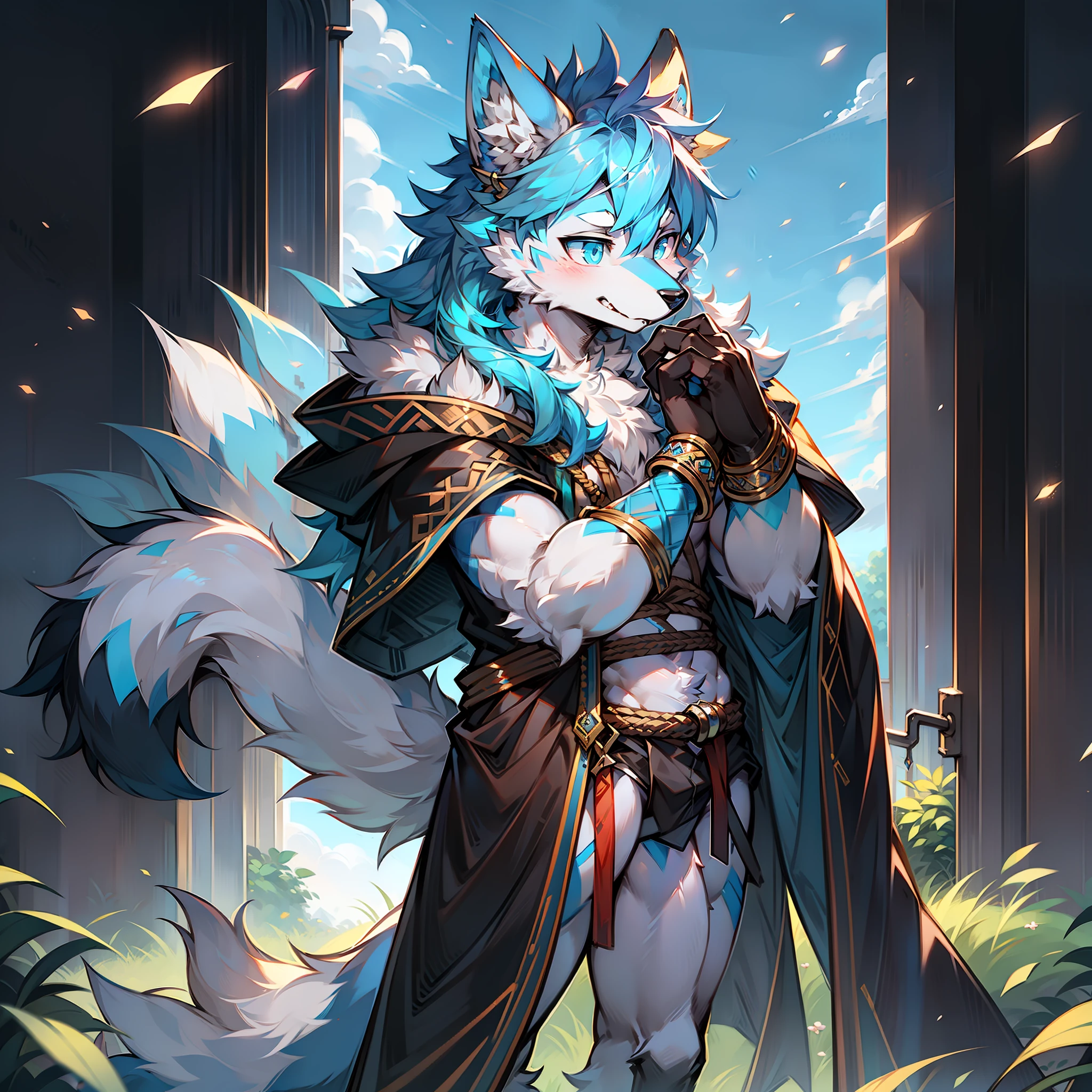 solo person,Wolf head,Wolf tail,male people,musculature,sexy
Light blue ears,blue hairs,White belly,Sky blue pupils,There is fur on the arms,There is fur on the legs,The whole body is covered with fur,standing in grassy field,is wearing casock,Melee Mage,sideface,The right hand wears a bracelet made of five-colored rope