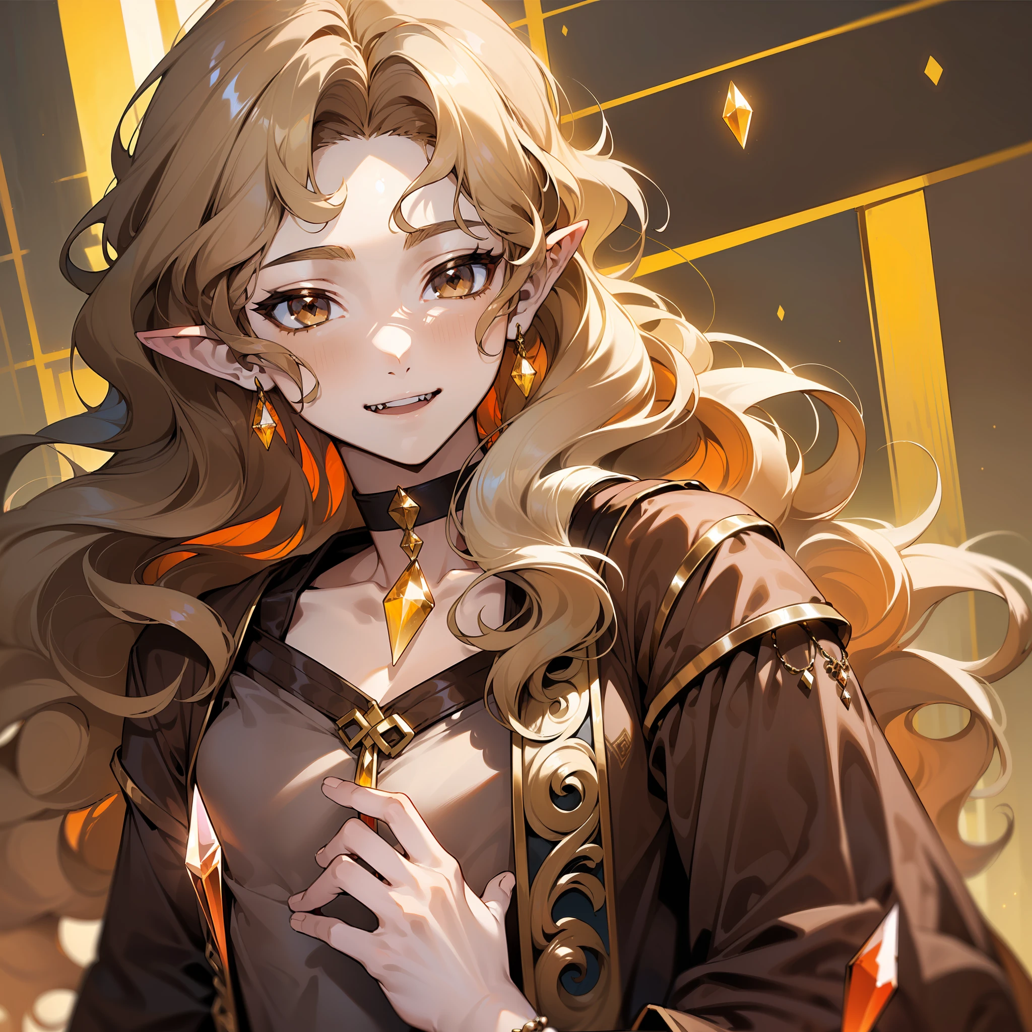 ((young man)), (((one person))), (((single))), (((solo))), (slim body), (((flat chest))), ((pale skin)), (((light blonde hair))), ((pointy ears)), (((very y hair))), ((very fluffy hair)), (((wavy hair))), (((very long hair))), ((full hair)), (((dark brown colored eyes))), (((dark brown eyes))), cute face, ((fantasy style)), (((brown choker))), (brown colored choker), (((male))), guy, boy, (((wearing fantasy style clothes))), (((patterns on the clothes))), magic, (((brown colored clothes))), (((brown clothes))), embroidery on clothes, ((white crystal gemstone on the choker)), long fangs, smiling