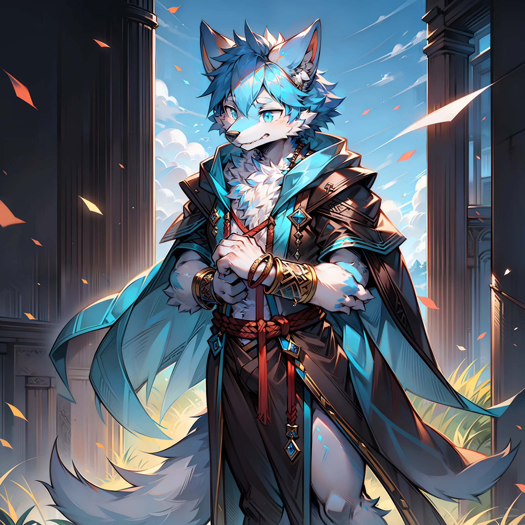 solo person，Wolf head，Wolf tail，male people，musculature，sexy
Light blue ears，blue hairs，White belly，Sky blue pupils，There is fur on the arms，There is fur on the legs，The whole body is covered with fur，standing in grassy field，is wearing casock，Melee Mage，sideface，The right hand wears a bracelet made of five-colored rope