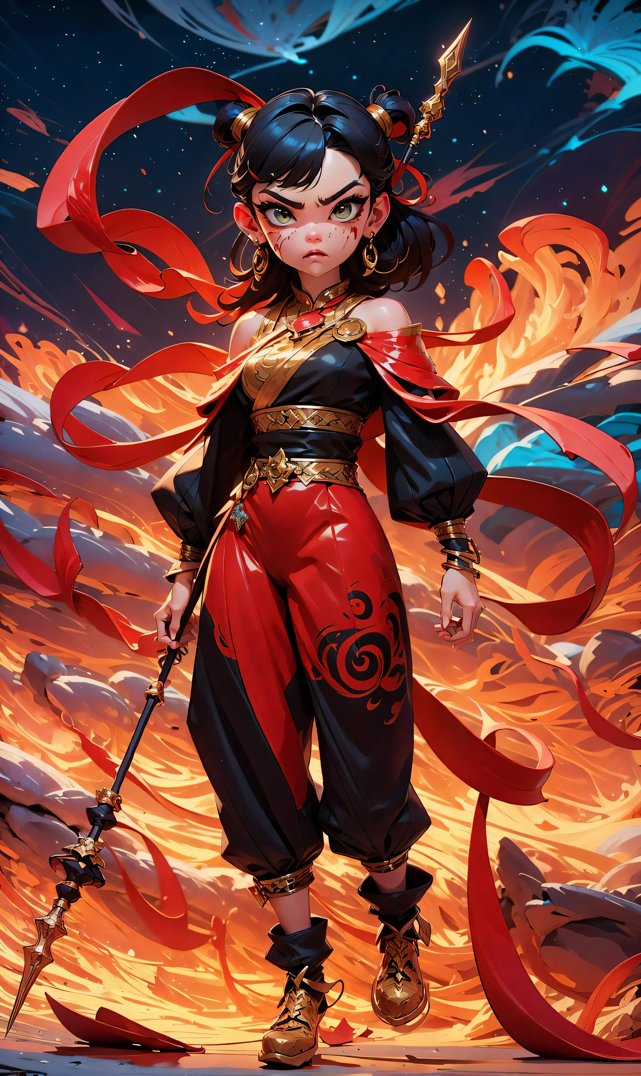 1girl, blood on face, angry, holding spear, (flying), chinese mythology,cloudy, detailed sky, abstract background, (flame_surge_style:0.5)