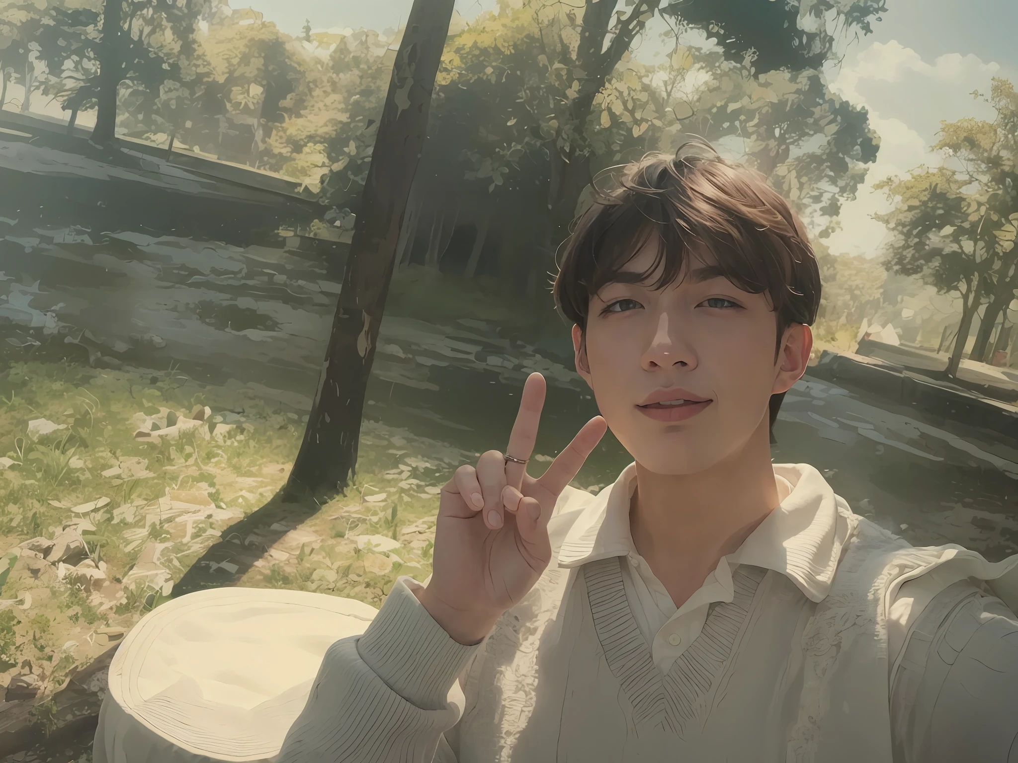 Ghibli movie scenes，fantastic details，Unique illustration，Clear and detailed pictures，Wide perspective，Artistic landscape，Soft light and shadow，Handsome boy，Anime male protagonist，Flowing gray hair