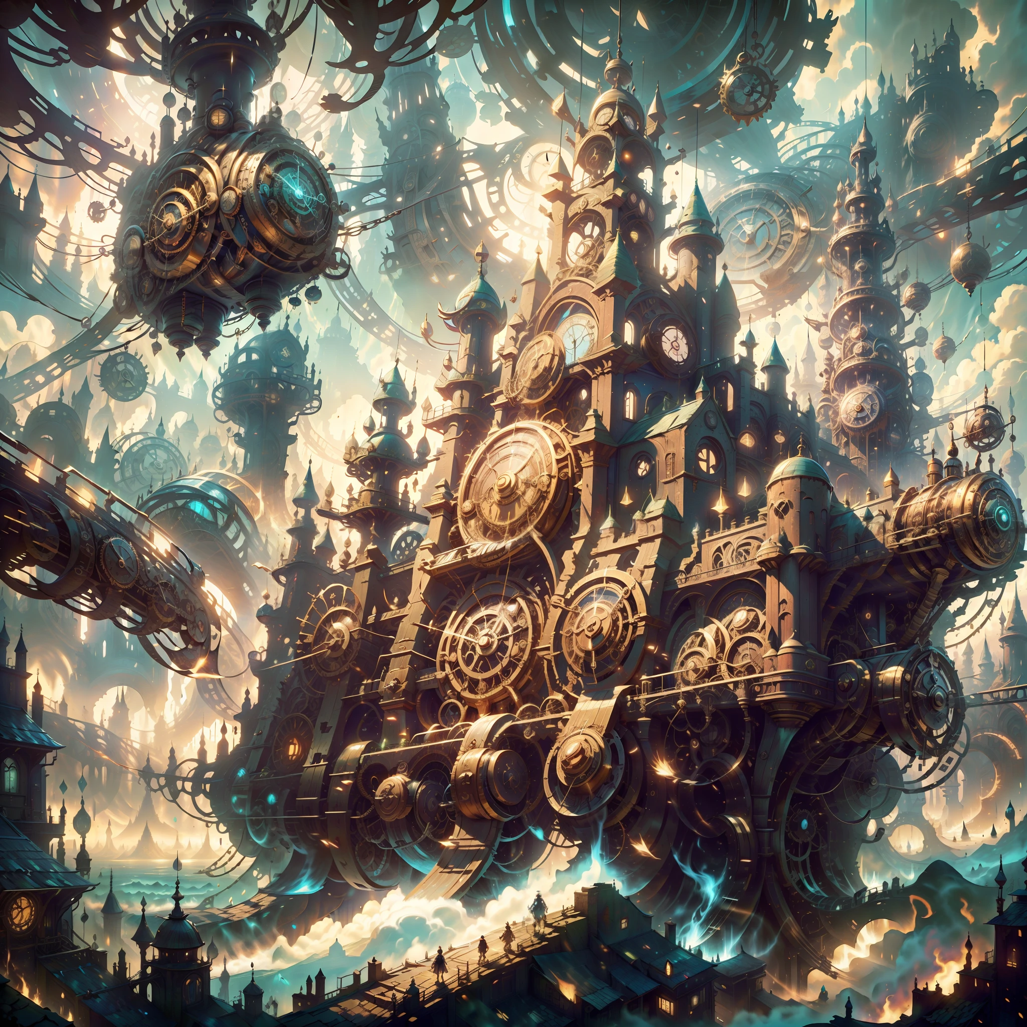a medieval steampunk city known as Steamholm, where clockwork machinery blends with castle architecture. anime-style picture, feature a group of intrepid explorers led by the charismatic airship captain, Vincent, as they set sail on their majestic airship, the 'Ironclad Seraph.' With gears and brass ornaments decorating their outfits, these adventurers traverse the skies in search of mythical floating islands and ancient ruins, unraveling the mysteries of a bygone era.