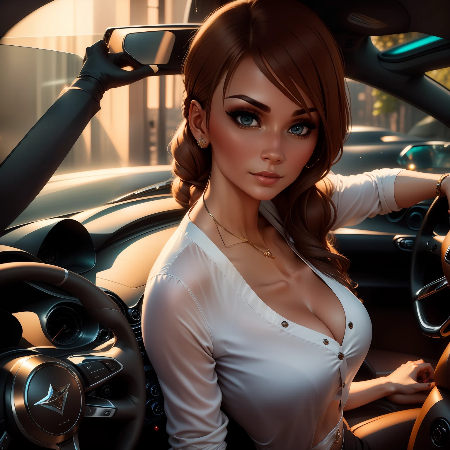 arafed woman in a car with a steering wheel and a dash board, gorgeous woman, gorgeous lady, stunning woman, beautiful woman, attractive woman, cute woman, attractive girl, sitting in her car, gorgeous female, portrait shot 8 k, gorgeous beautiful woman, seductive lady, portrait shot, beautiful girl, stunning beauty, beautiful lady, attractive female, handsome girl