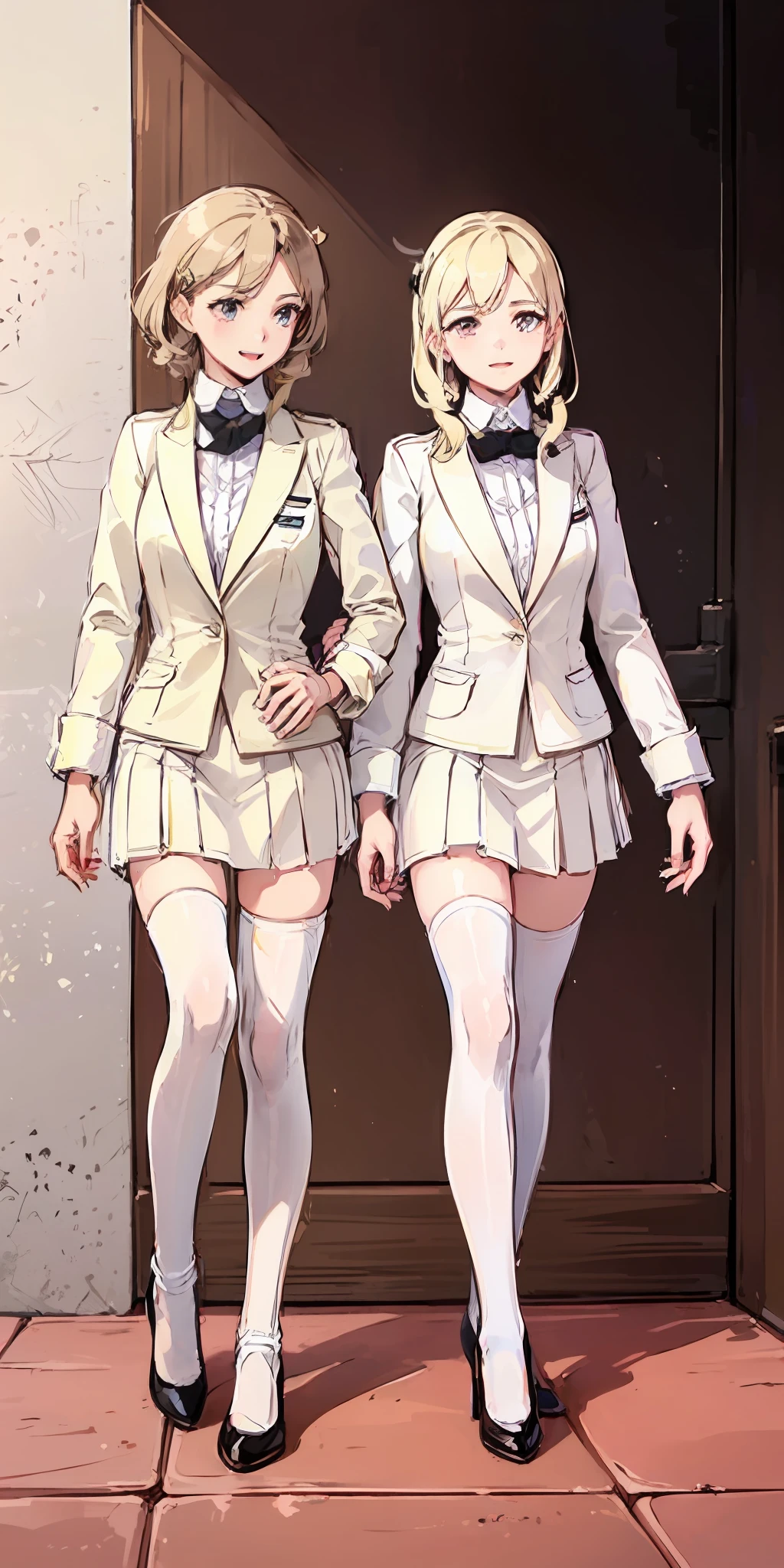 ((Masterpiece, highres)), 2girls, duo, twins, ((one brown haired girl, one blonde girl)), long hair, curly hair, matching hairstyles, different hair color, confident, elegant, rich girls, proud smiles, matching faces, hazel eyes, same size busts, (((matching outfits, identical outfits, pink school uniforms, sexy school uniforms, white thighhighs, long white socks, black high heels))), standing at attention, shoulder to shoulder, same pose, mansion