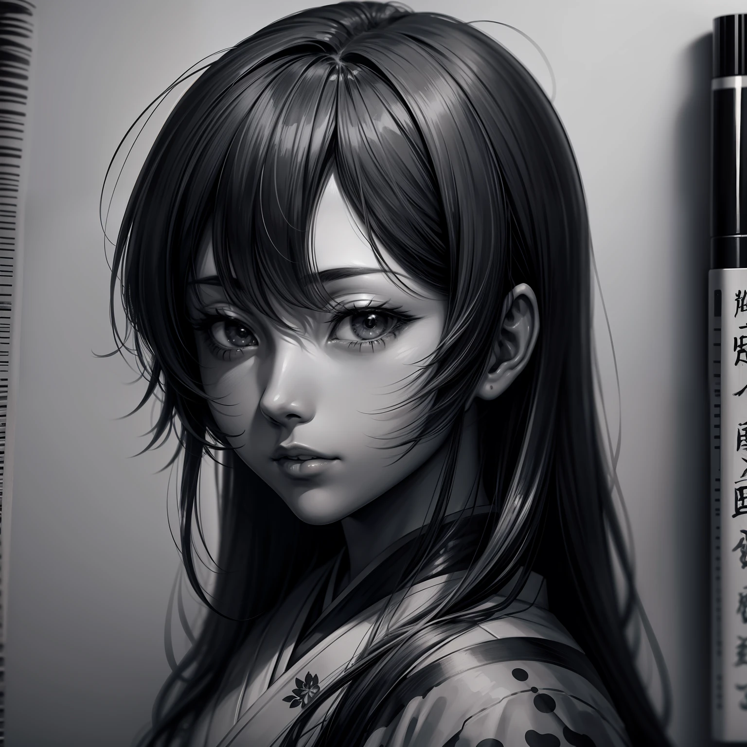 Coloring book, anime style. A portrait of a Japanese artist performing the ancient technique of sumi-e painting with Chinese ink. realistic sketch style, free lines, black and white, on paper, character sheet, sharp lines, anime, 8k --auto