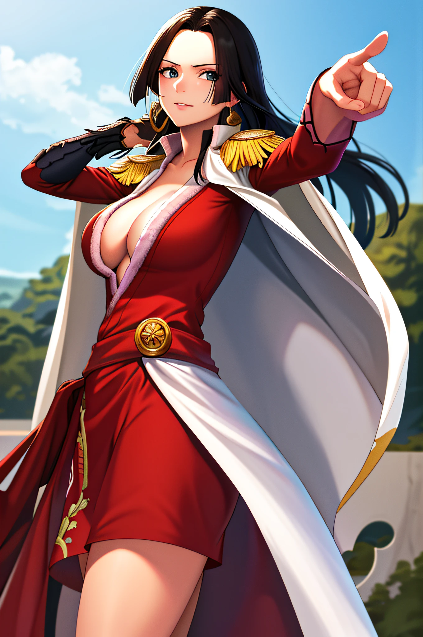 masterpiece, best quality, highres, hancock1, 1girl, boa hancock, large breasts, long hair, epaulettes, cape, side slit, cowboy shot, standing, pointing at viewer,