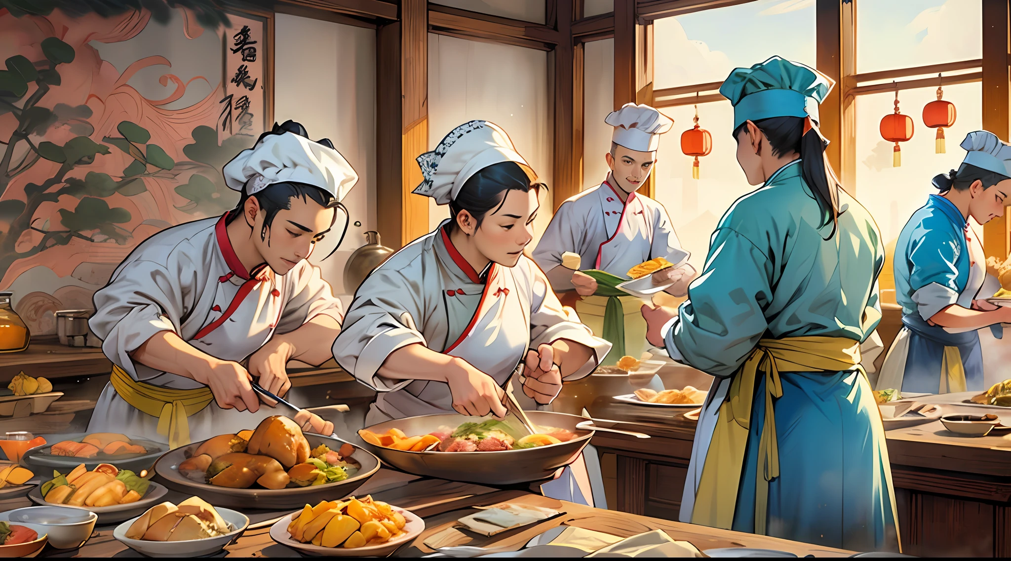 In the palace kitchen, Many chefs are busy cooking, Full of ancient Chinese kitchen elements，In the style of Chinese painting, A realistic depiction of everyday life, Fauvist animator, photo-realistic techniques, Lively tavern scene, Sky blue and amber, depictions of labor ,16k, Best quality, Masterpiece, Super detail, High details