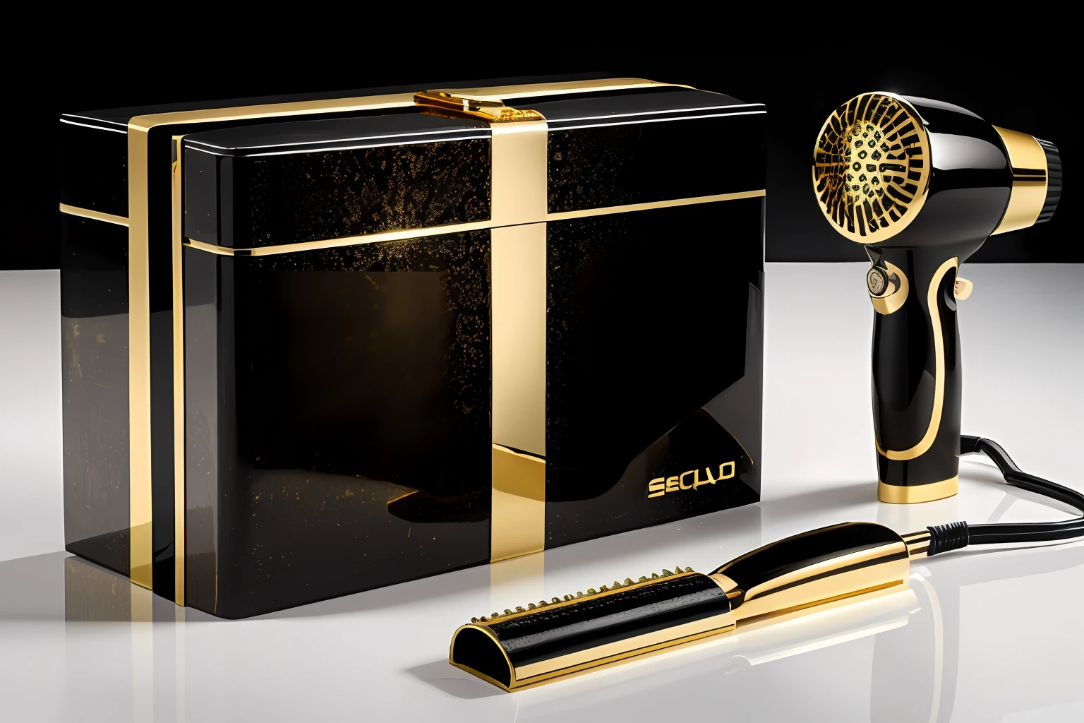 Hair dryer box design, upscales,luxury goods,Gift wrapping,Black and gold color scheme,((Masterpiece)), ((Best quality)), 8K, high detal, Ultra-detailed