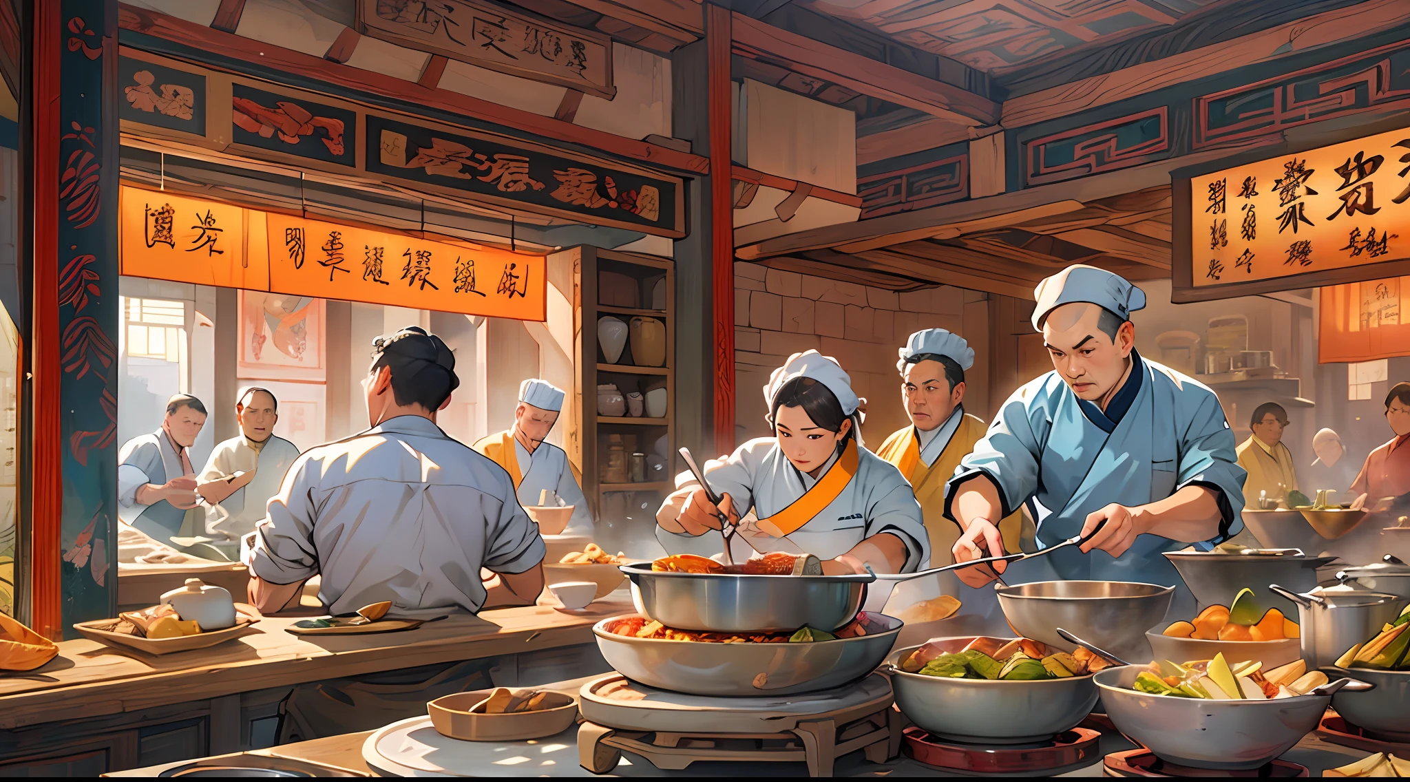 In the palace kitchen, Many chefs are busy cooking, Full of ancient Chinese kitchen elements,In the style of Chinese painting, A realistic depiction of everyday life, Fauvist animator, photo-realistic techniques, Lively tavern scene, Sky blue and amber, depictions of labor ,16k, Best quality, Masterpiece, Super detail, High details