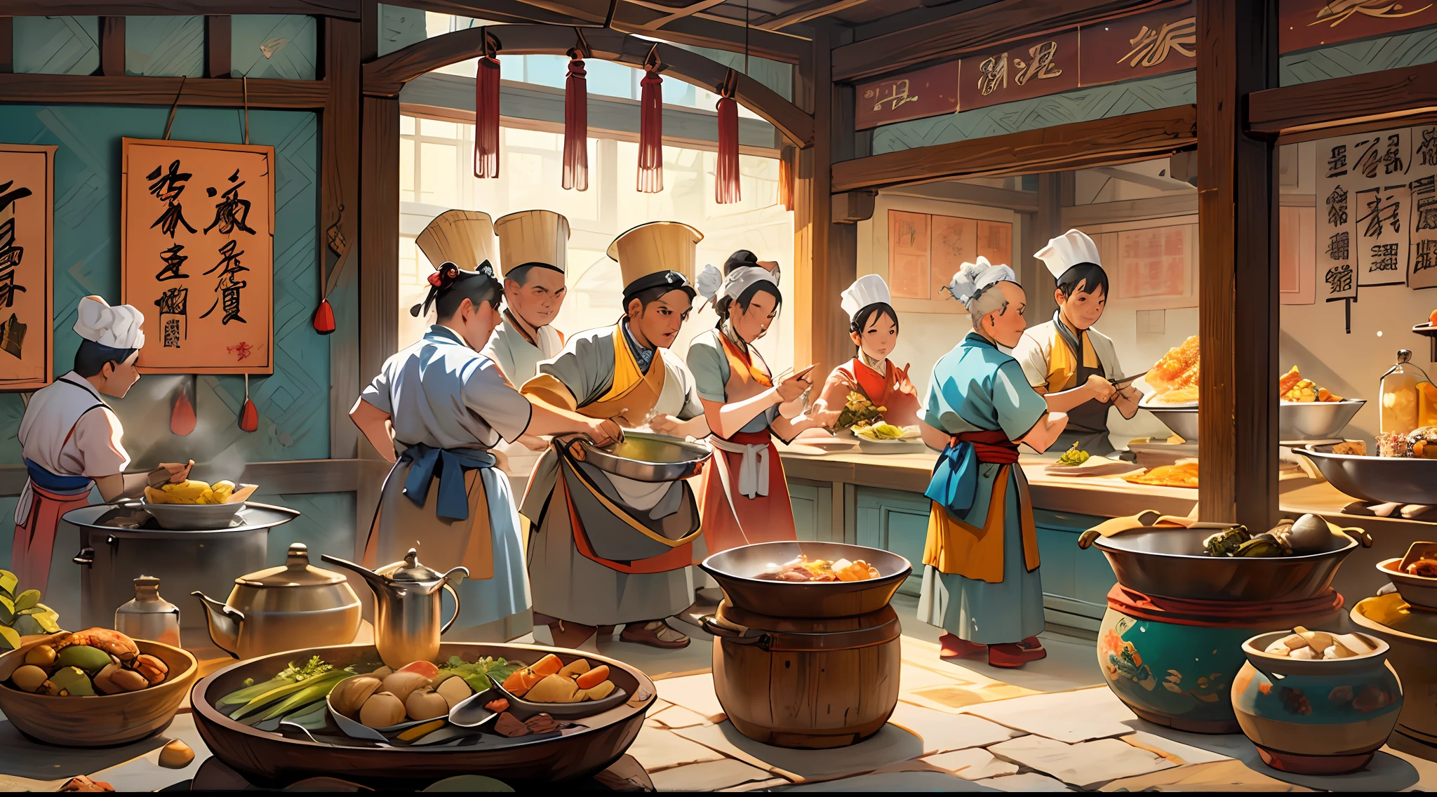 In the palace kitchen, Many chefs are busy cooking, Full of ancient Chinese kitchen elements,In the style of Chinese painting, A realistic depiction of everyday life, Fauvist animator, photo-realistic techniques, Lively tavern scene, Sky blue and amber, depictions of labor ,16k, Best quality, Masterpiece, Super detail, High details