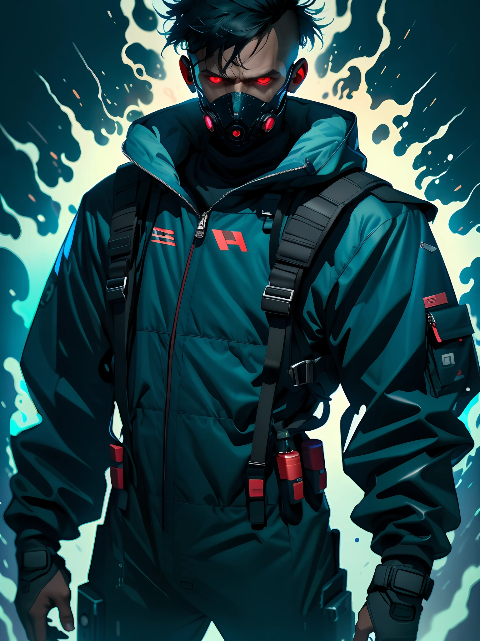 nijistyle, cowboy shot of futuristic man in oversized techwear, short black hair, glowing eyes, mask, belts, backpack, depressed, desaturated, fog