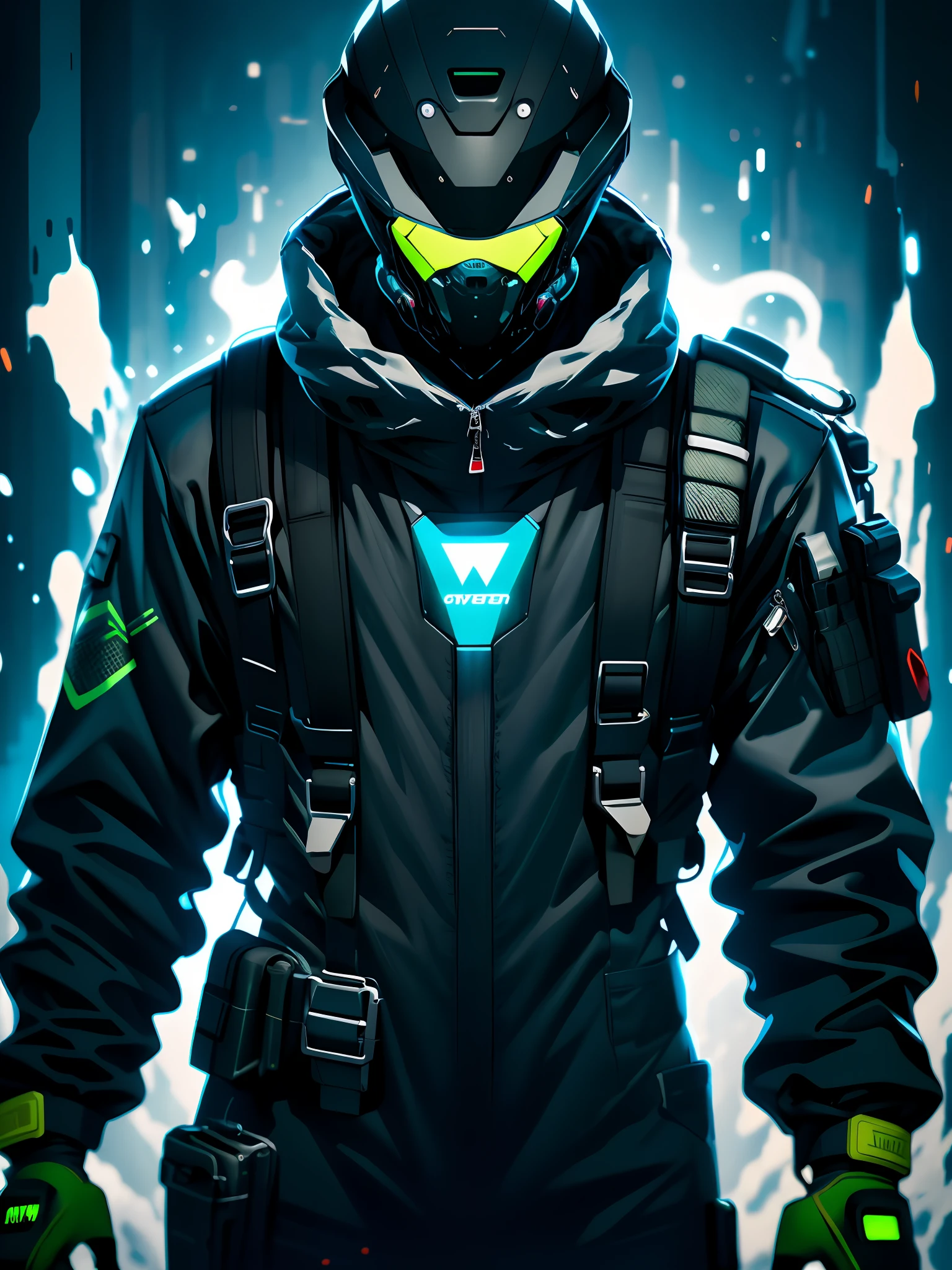 nijistyle, cowboy shot of futuristic man in oversized techwear, short black hair, glowing eyes, mask, belts, backpack, depressed, desaturated, fog