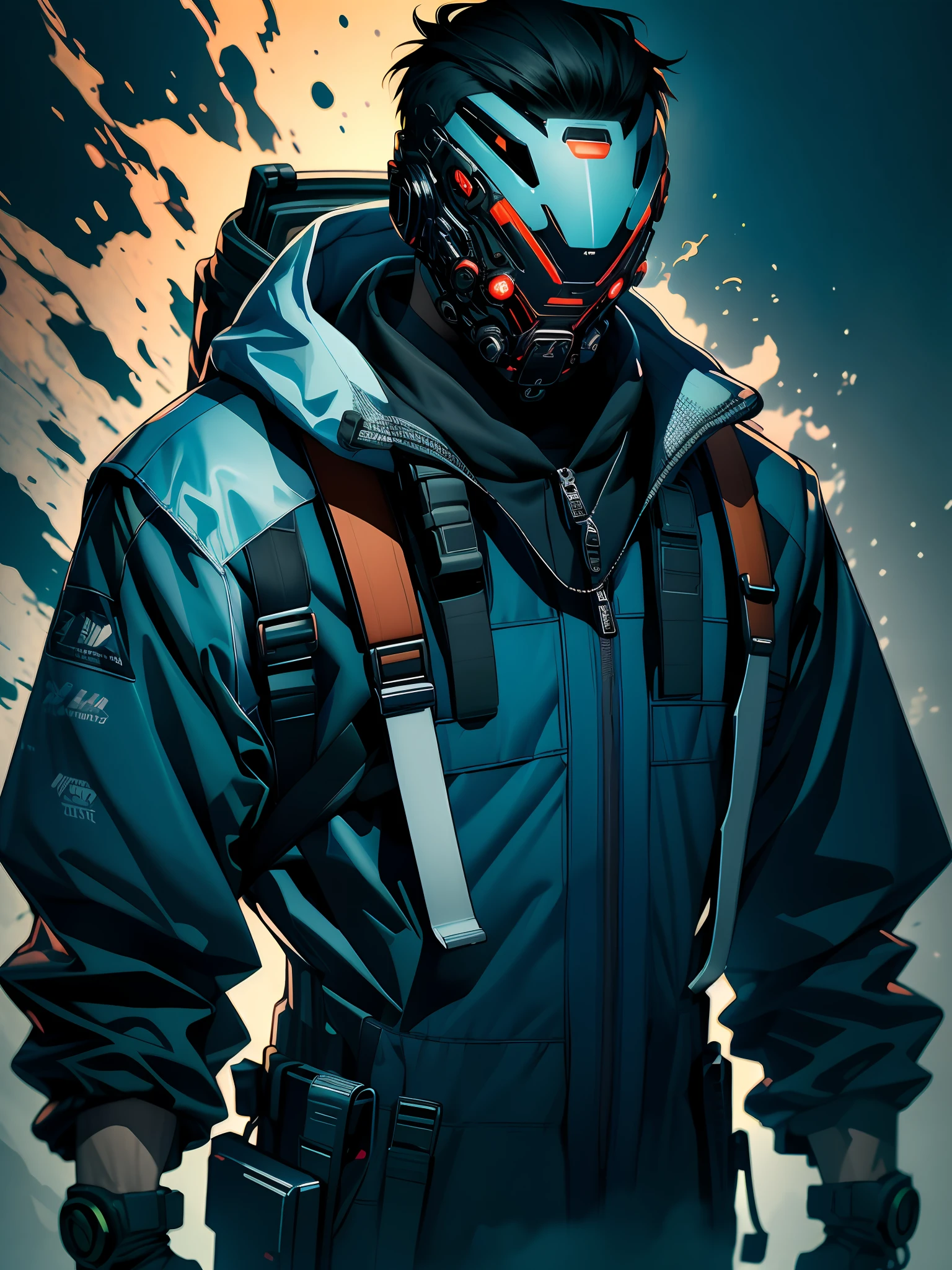 nijistyle, cowboy shot of futuristic man in oversized techwear, short black hair, glowing eyes, mask, belts, backpack, depressed, desaturated, fog
