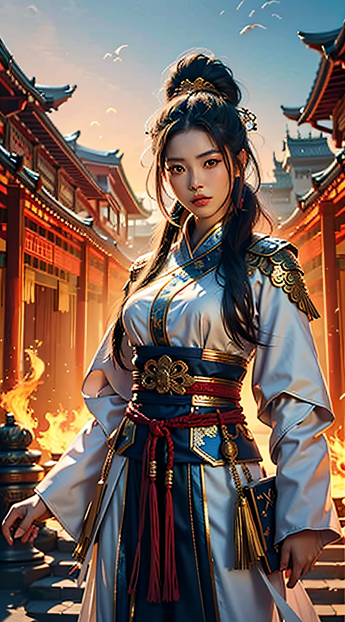 best qualtiy，tmasterpiece，超高分辨率，（realisticlying：1.4），xiuxian，arma，Detal Face，
1girll，独奏，arma，，Magic Array，xiuxian，Bigchest，a beauty girl，full bodyesbian，east asian architecture，jacket，buliding，