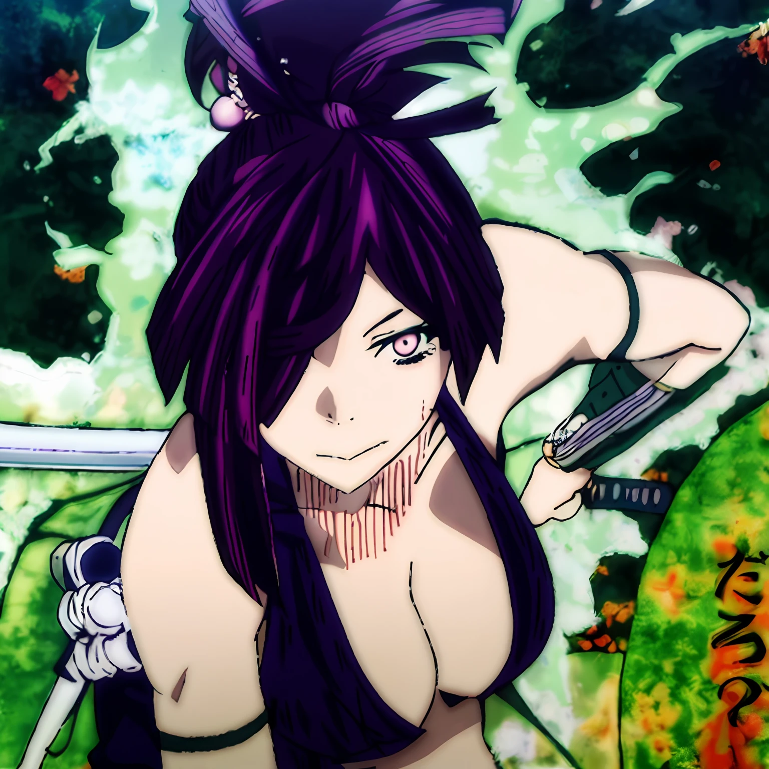 anime girl with a sword in her hand, detailed manga style, yuzuriha character, kunoichi, eyes #9c4c55, estilo de arte anime (colorido).