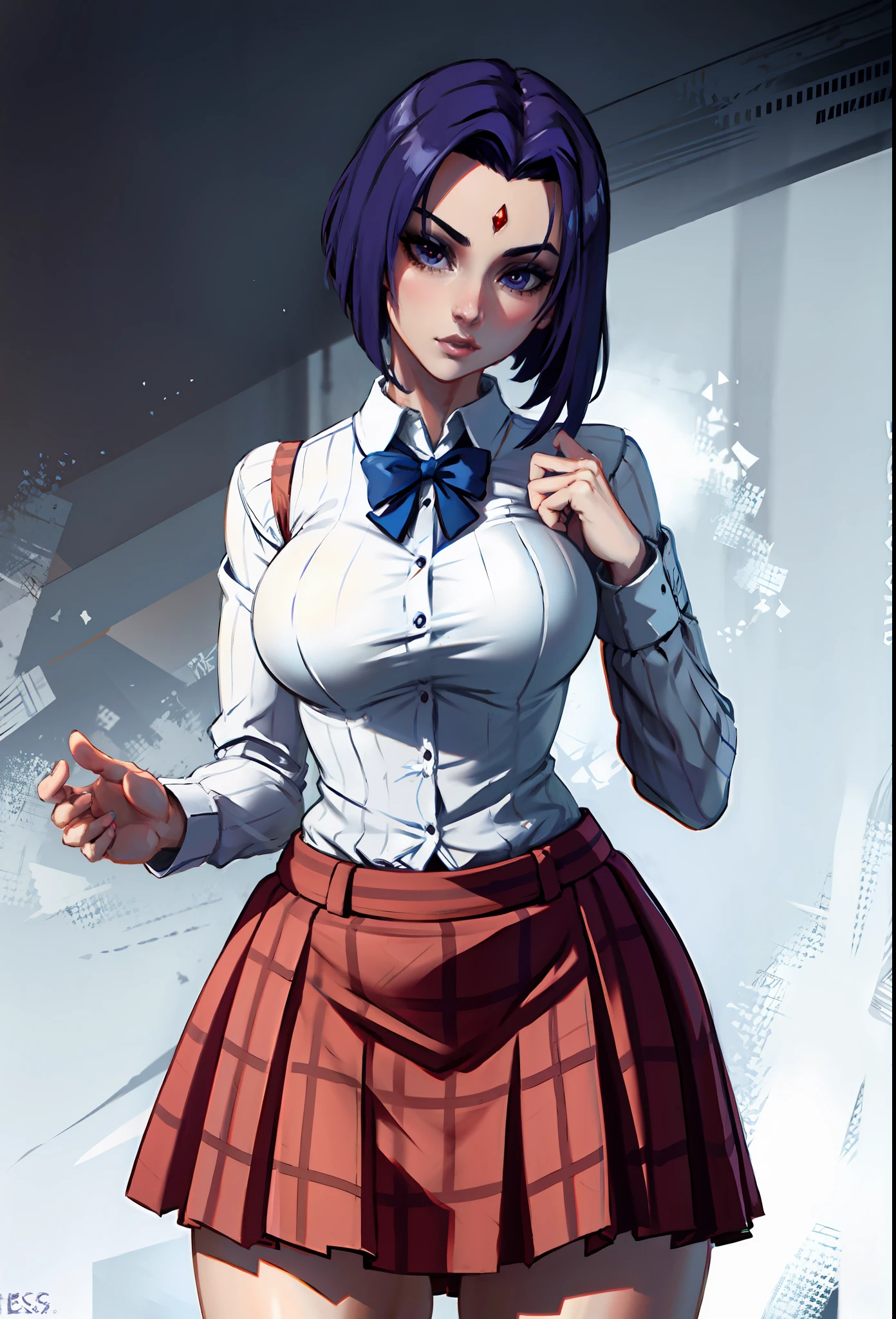 (Cowboy shot),  SFW, (Masterpiece), (Best Quality:1.0), (ultra highres:1.0), Detailed eyes
BREAK
RavenTT, dynamicpose, A jewel on the forehead
sweater vest, plaid skirt, collared white shirt, long sleeves, thights, wide hips
BREAK
gorgeous, Vista, Erotica, in heat, lust