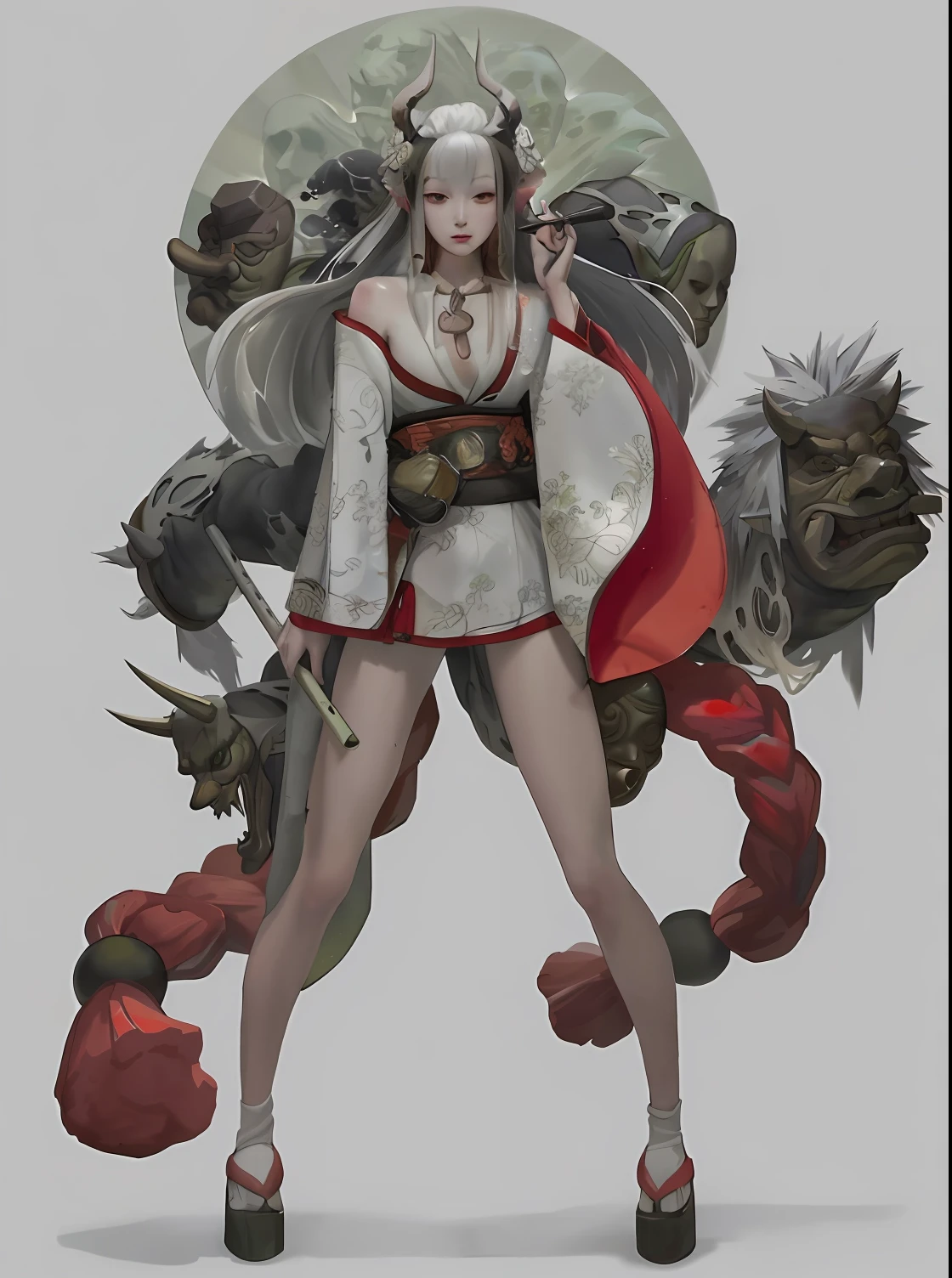 uma mulher em um vestido branco e capa vermelha com chifres e chifres, arte detalhada Onmyoji, Onmyoji, Arte conceitual tradicional japonesa, Retrato de Onmyoji, Directed by: Yang Jin, Wlop e Krenz Cushart, bela arte conceitual de corpo inteiro, 2. 5 d cgi anime fantasia arte, illustration concept art, por Yang J, por Ju Chao