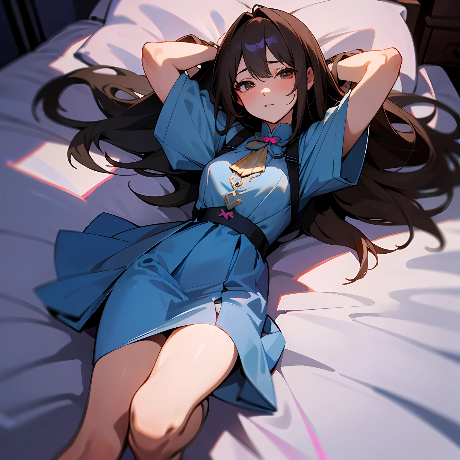 (realistic illumination,top Quority,8K,tmasterpiece:1.3)),Clear focus:1.2,1个Giant Breast Girl,Perfect beauty:1.4,Slim abs:1.1,((long and dark brown hair,The large:1.2)),(Torn dress:1.3,Black Full Leg Stockings:1.2,Mesh white panties),(exteriors,during night:1.1),delicated face,二重まぶた,Embrace your arms with open hands,(whole body lying in bed: 1.2),facing at the camera,Raise your legs high,legs are open,high high quality,tmasterpiece,超高分辨率,(realisticlying:1.4),RAW photogr,1girll,darkly,deep shading,cold light,spread their legs,Place your arms behind your head,Lift the blue dress,Pink transparent underwear,Show underwear and panties --auto