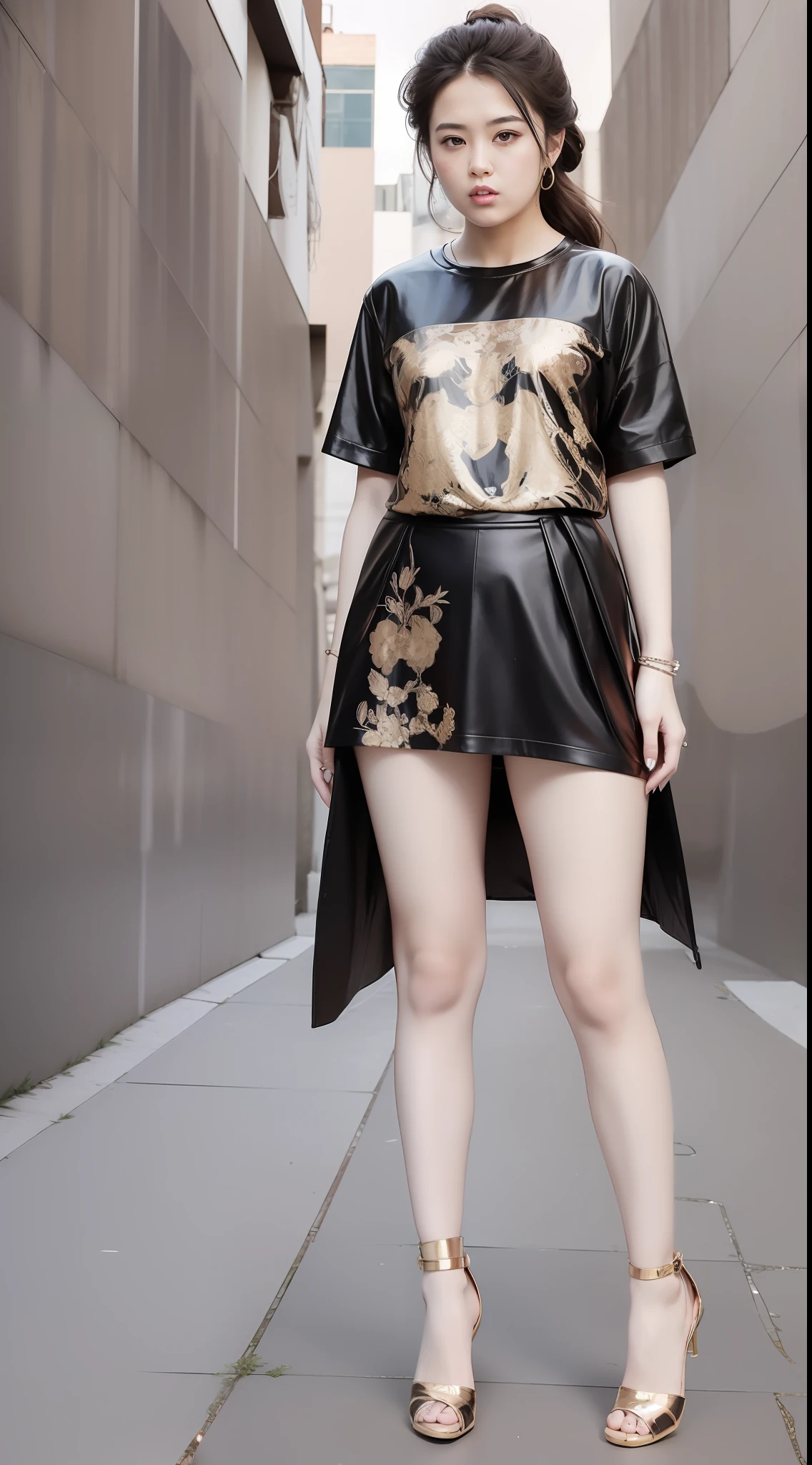 Tall, big and cute girls, Iridescence T-shirts+Iridescence skirts, symmetrical, tall, fat and cute girls, models, red high-heeled leather shoes 👠, Height 180cm, height 180cm, long legs, low angle shooting
