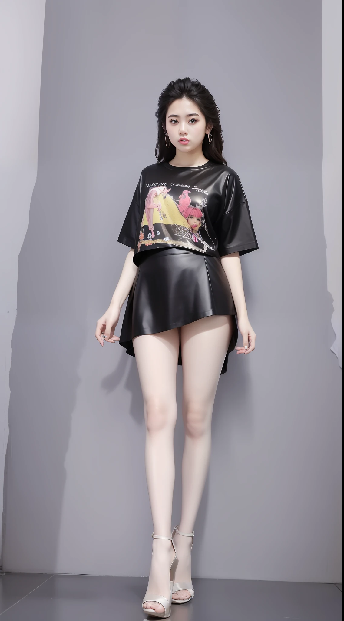 Tall, big and cute girls, Iridescence T-shirts+Iridescence skirts, symmetrical, tall, fat and cute girls, models, red high-heeled leather shoes 👠, Height 180cm, height 180cm, long legs, low angle shooting