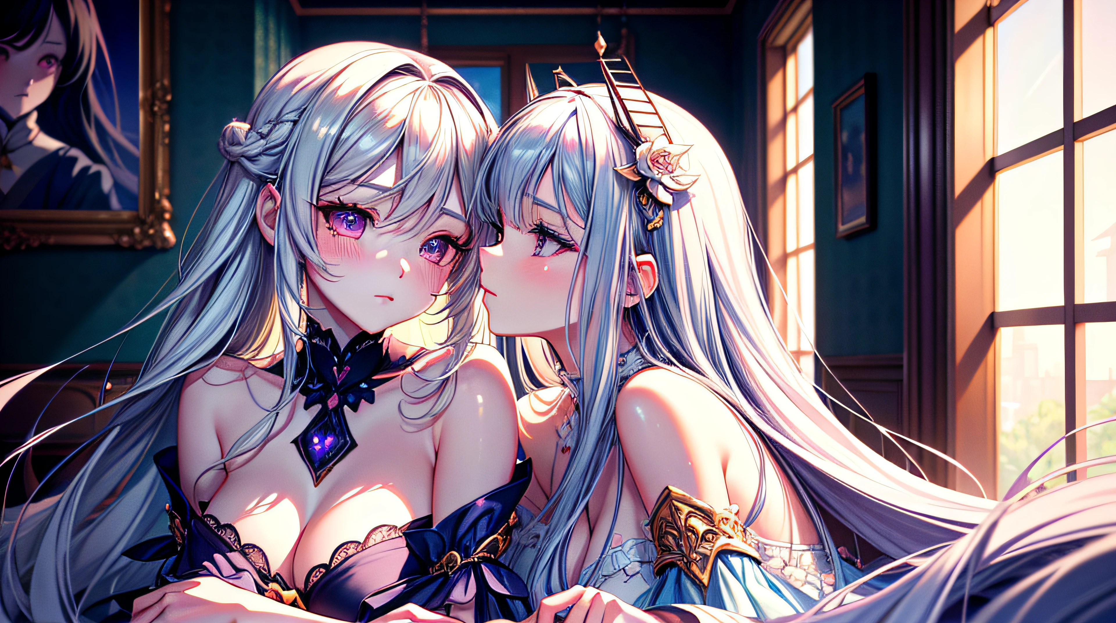 anime - style image of two women in a room with a window, kissing together cutely, kissing together, kissing each other, lovely kiss, fine details. two beautiful anime girls, white hair, purple eyes, glowing eyes, cute, kawaii, digital art, finely detailed eyes, embarrassed expression, long_hair, blushing, (highly detailed 8k wallpaper), best resolution, very_long_hair, masterpiece, best quality ,masterpiece, illustration, an extremely delicate and beautiful, extremely detailed ,CG ,unity ,8k wallpaper, Amazing, finely detail,huge filesize, ultra-detailed, highres, extremely detailed,beautiful detailed girl, extremely detailed eyes and face, beautiful detailed eyes,