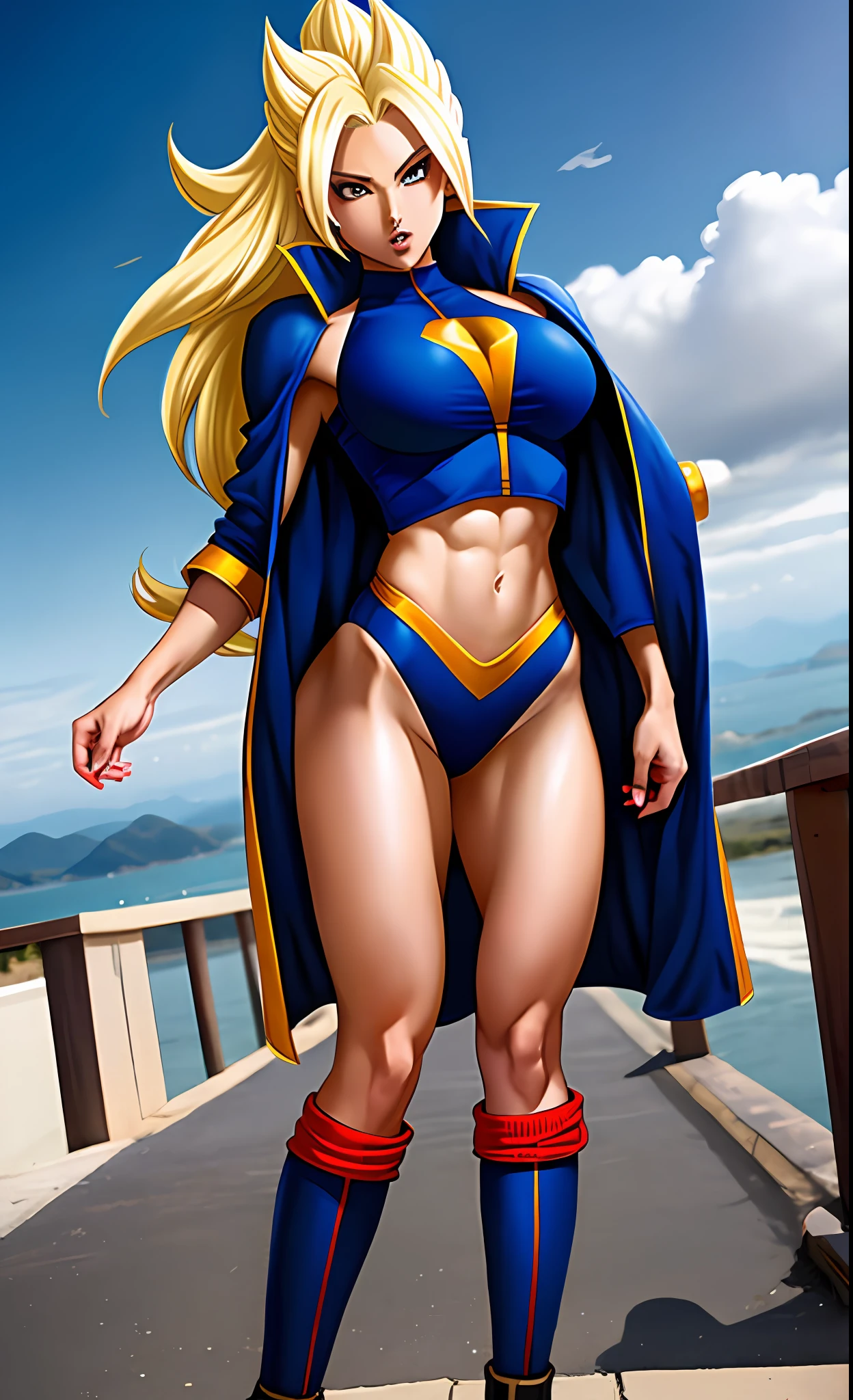 Woman with super saiyan athletic body, seios grandes, traje azul sexy.
