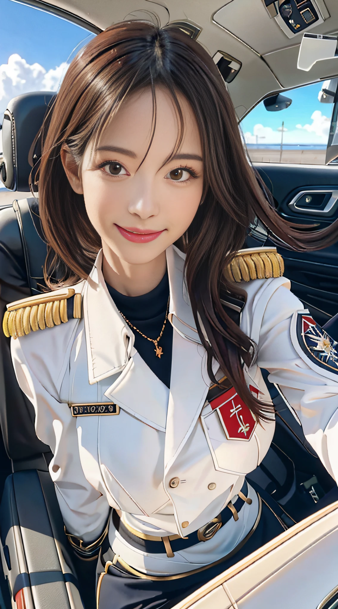 （best qualtiy，8K，32K，tmasterpiece，hyper HD：1.2），（realisticlying：1.5），（tmasterpiece，Extremely detailed CG unifies 8K, 8K, Diamond, and wallpaper，best qualtiy，A high resolution：1.2），（ultra - detailed，hyper HD：1.2），Very cute and beautiful photos of Japanese women，（maroon，wavy and long hair：1.2），AS-Adult，（detailed beautiful girl：1.4），best qualtiy，woman，AS-Adult，（Detailed US Air Force pilot uniforms：1.5），（White pilot captain jacket：1.3）， （White high-waisted pencil skirt：1.3），Meticulous clothes，（Beautiful sunset US Air Force base runway view background：1.3）1，light  smile，looking at viewert，face to the viewer，（（Perfect female body）），（a narrow waist：1.2），（Upper body image：1.3），Slim，（Bigchest：1.25），（frame the head）），ventania，dynamicposes，cinematric light，Perfect ???????，perfectly proportions， detailed human body， Bokeh， depth of fields，