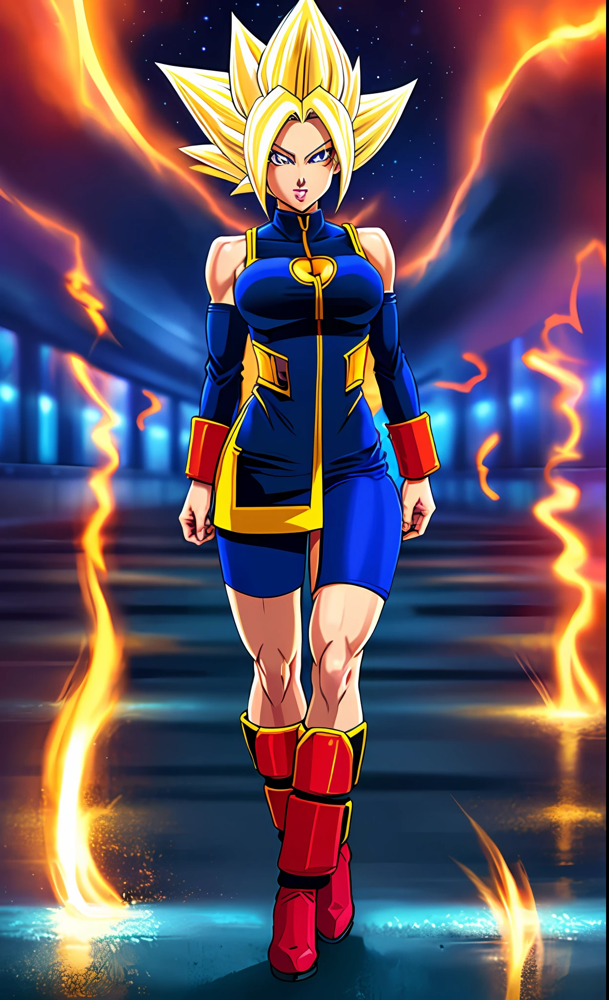 Woman with super saiyan athletic body, seios grandes, traje azul sexy.